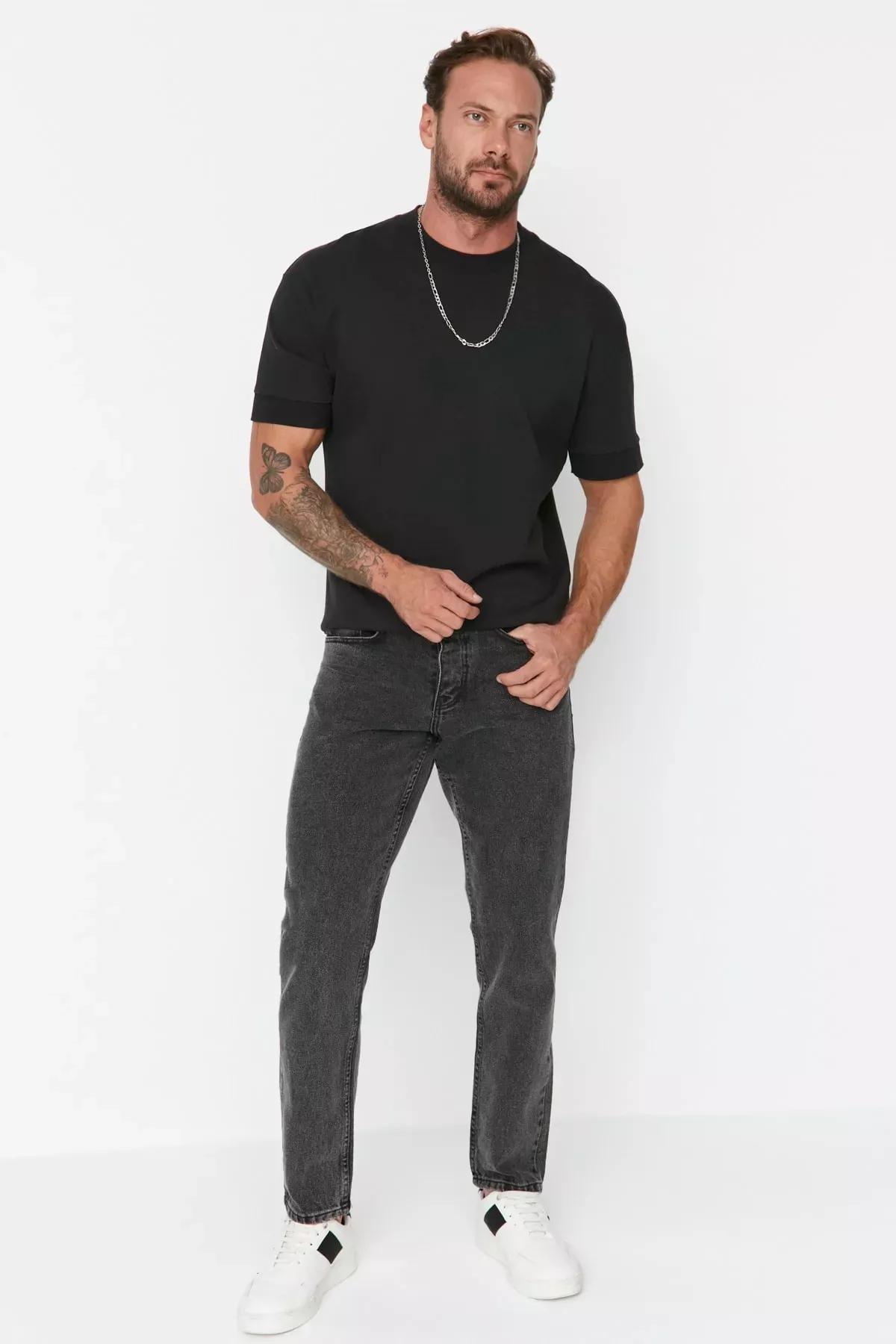 Black Denim Carrot Jeans, Black, medium
