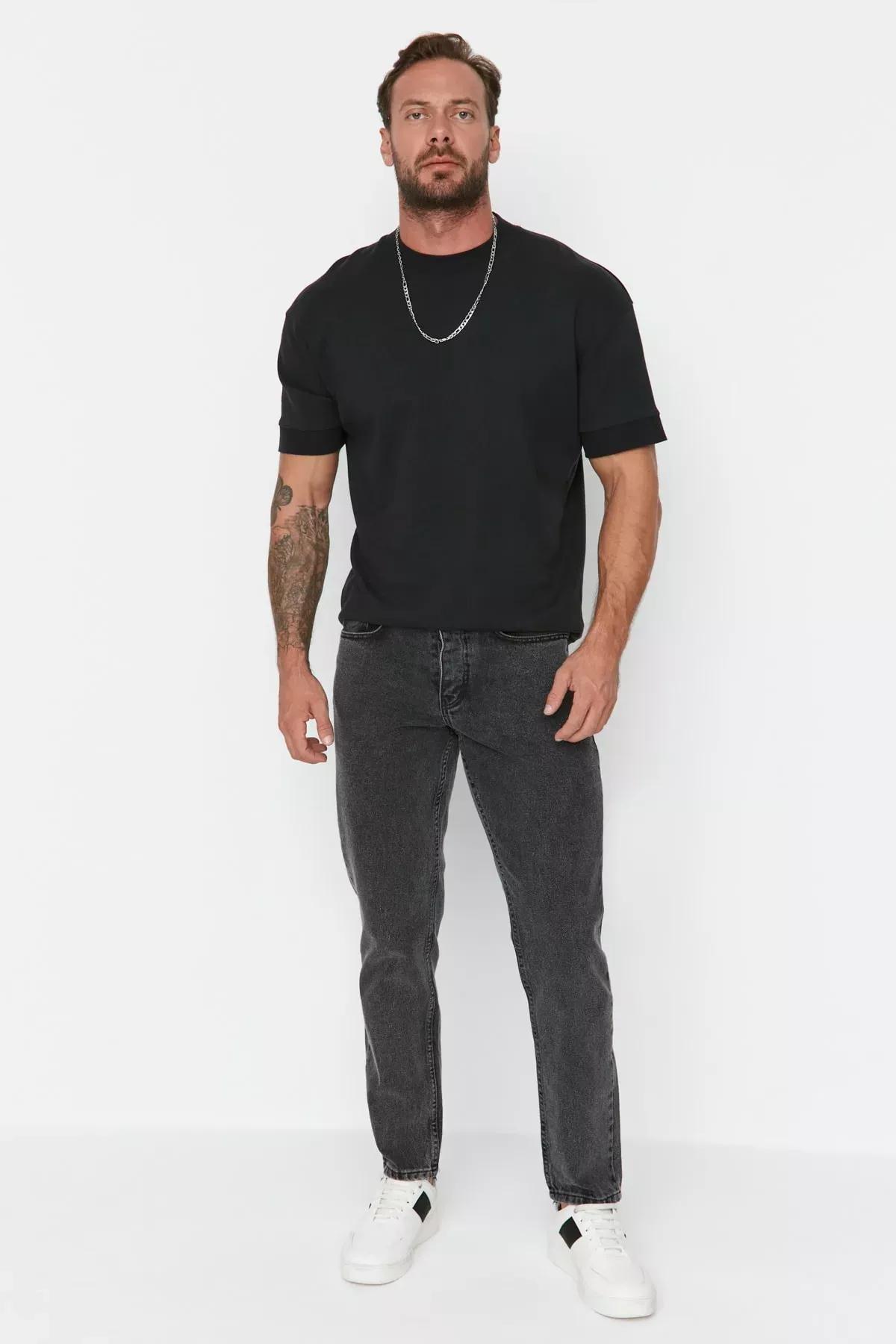 Black Denim Straight Jeans, Black, large image number 1