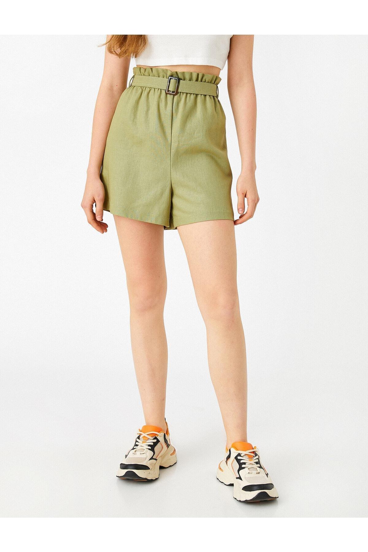 Koton - Khaki Belted High Waist Linen Shorts