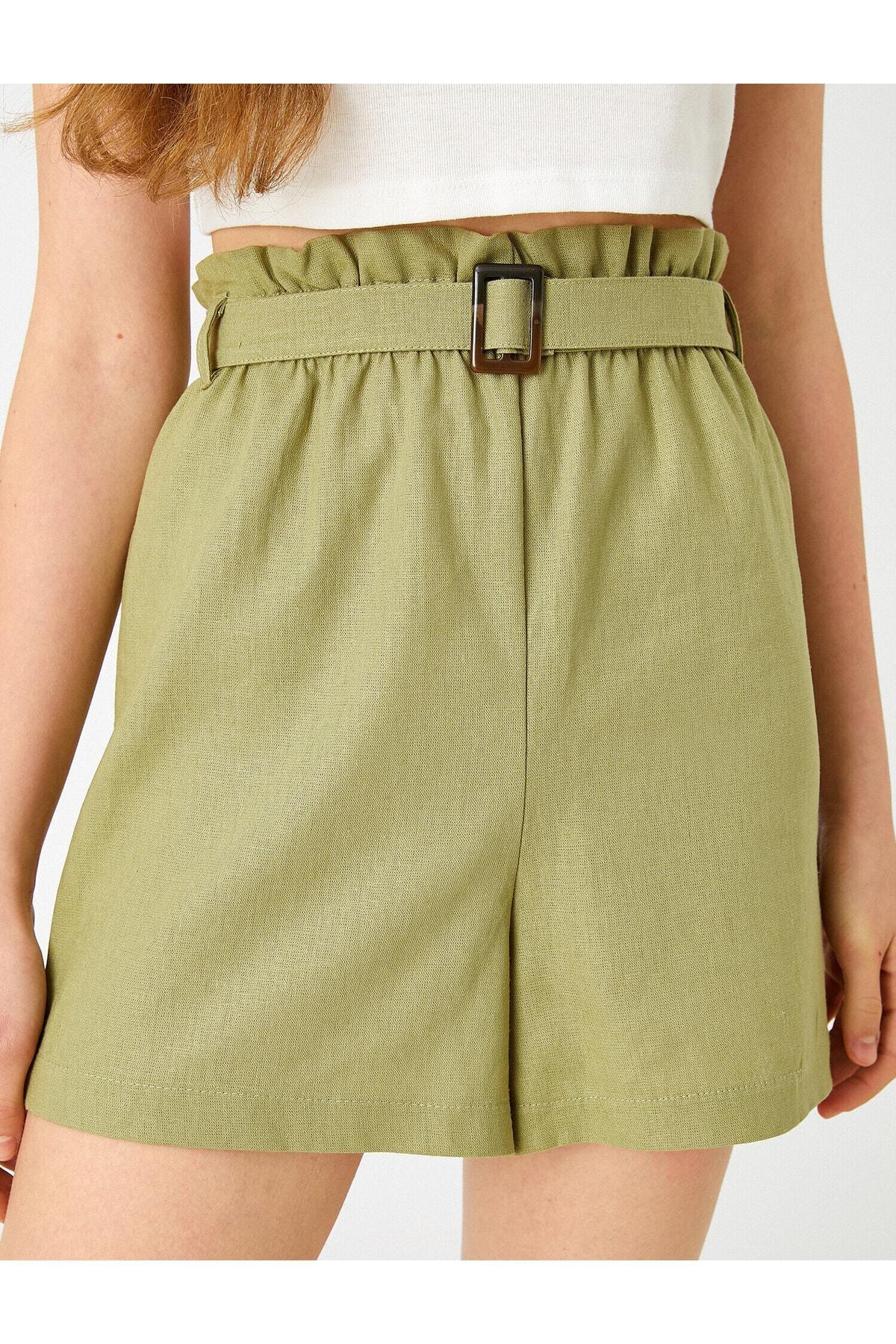 Koton - Khaki Belted High Waist Linen Shorts