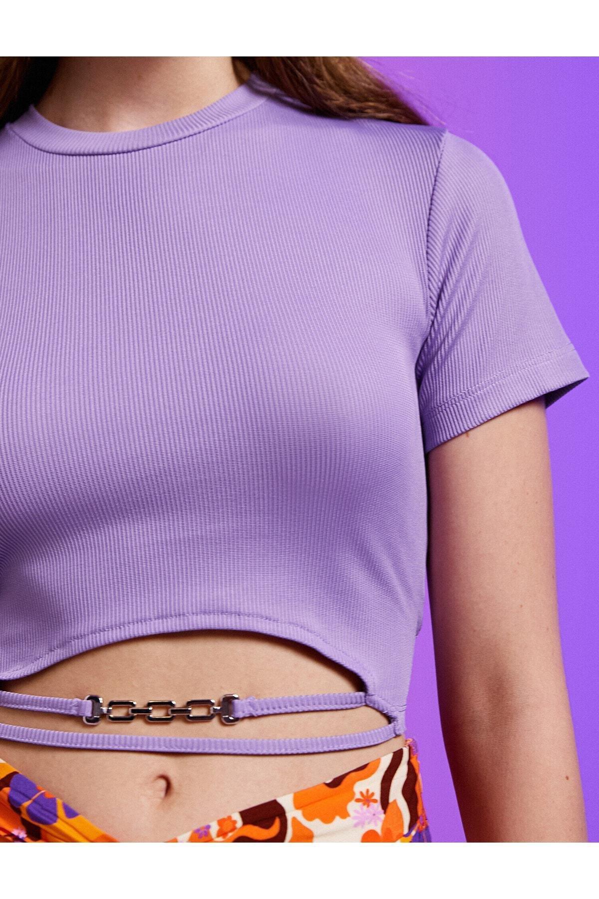 Koton - Purple Chain Detail Crop T-Shirt