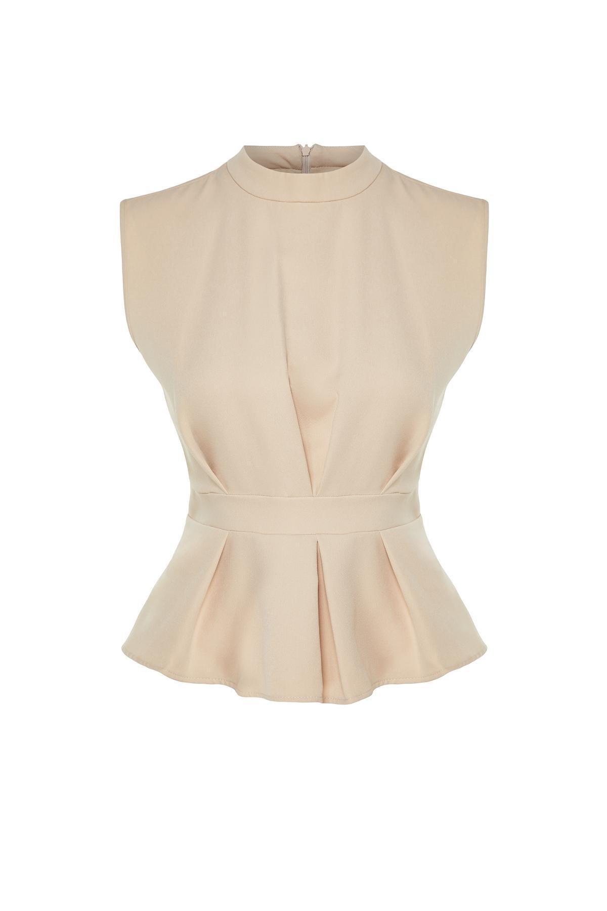 Beige Crew Neck Sleeveless Woven Top, , large image number 5