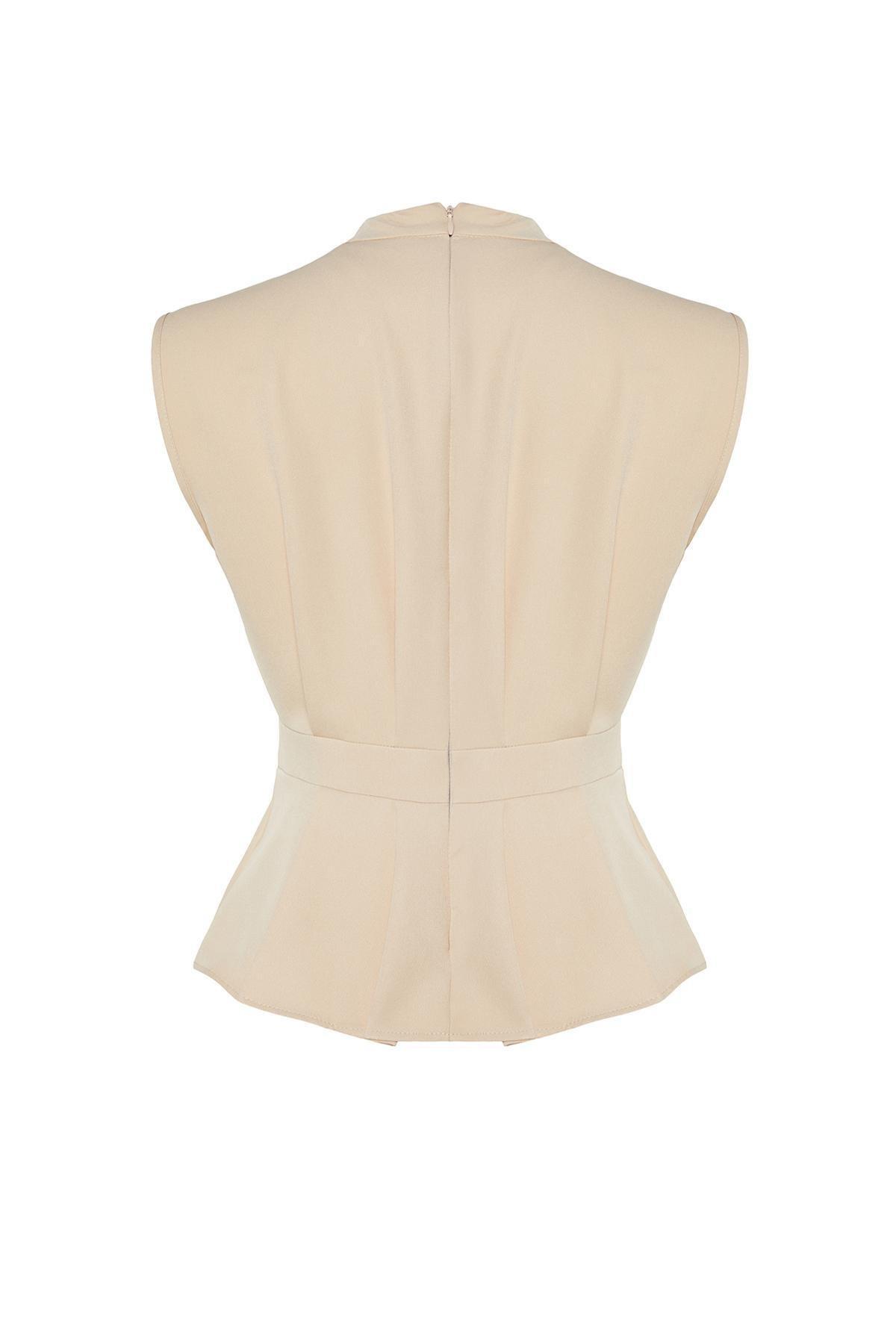 Beige Crew Neck Sleeveless Woven Top, , large image number 6