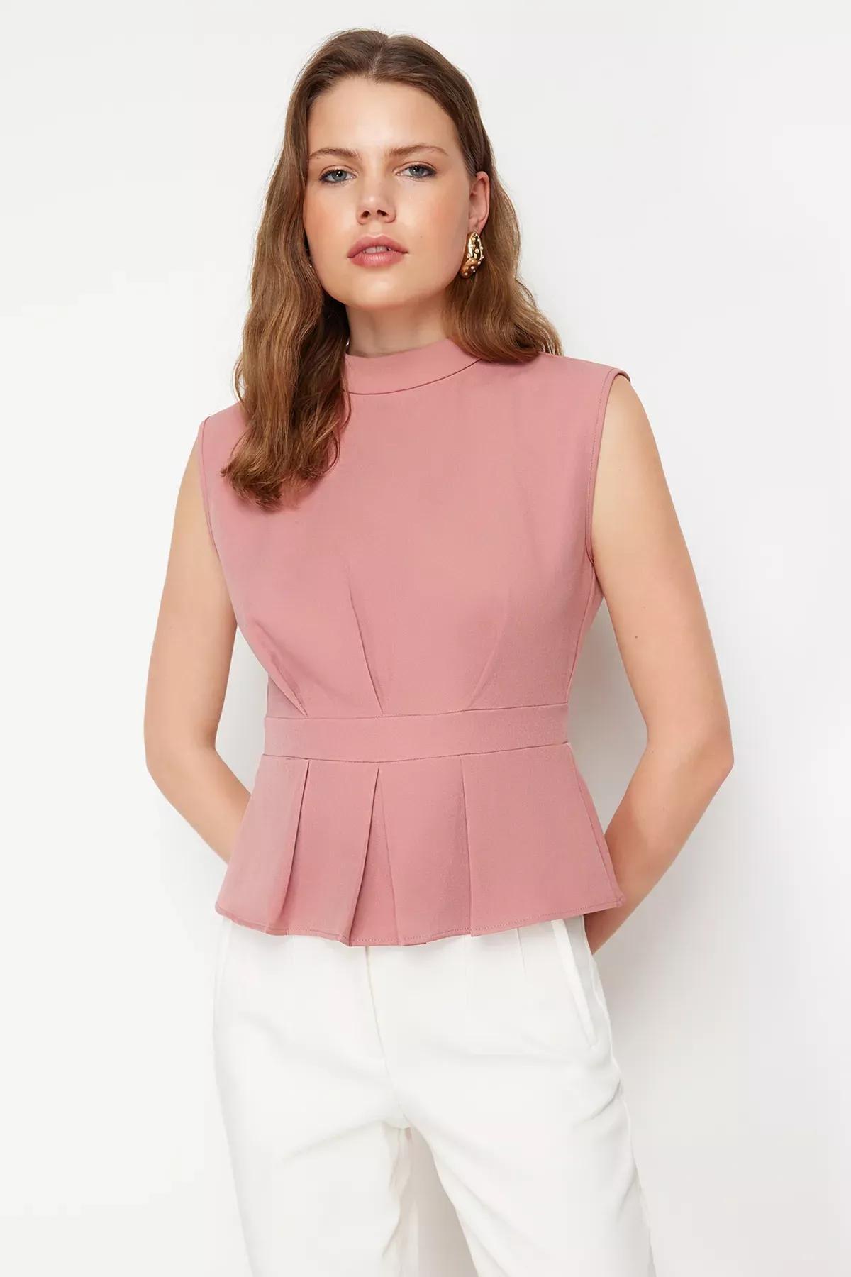 Pale Pink Woven Crew Neck Sleeveless Blouse TWOAW23BZ00559, single, Dried rose, medium