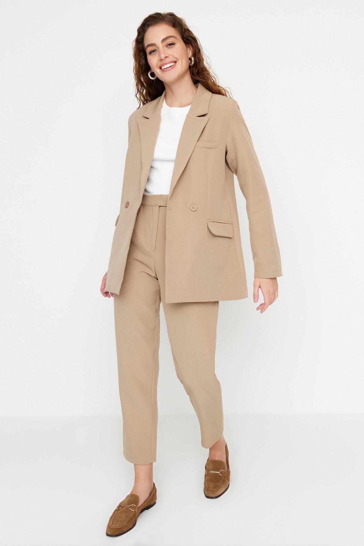 Beige Lapel Collar Co-Ord Set, , medium