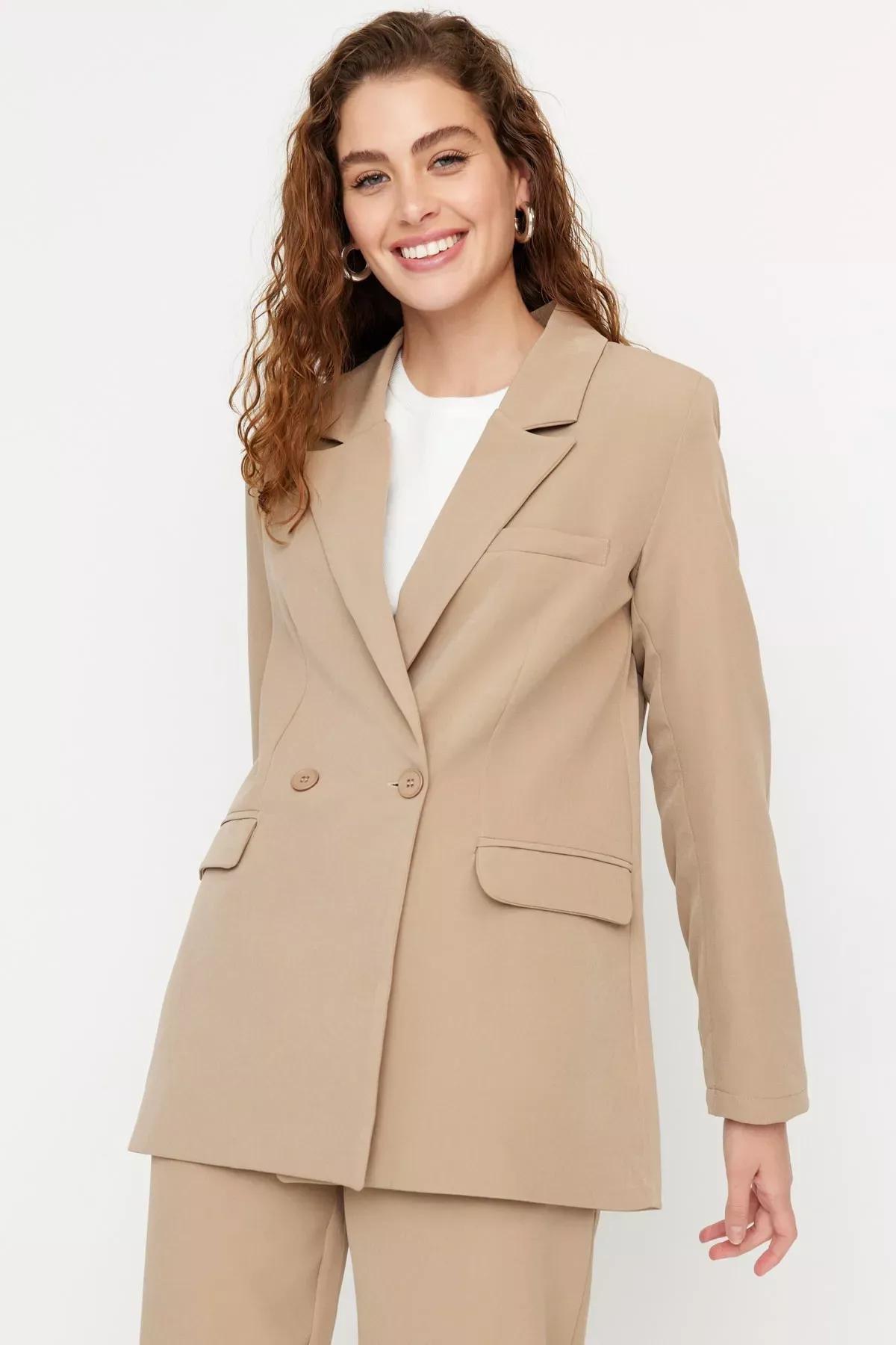 Beige Lapel Collar Co-Ord Set, Brown, large image number 1