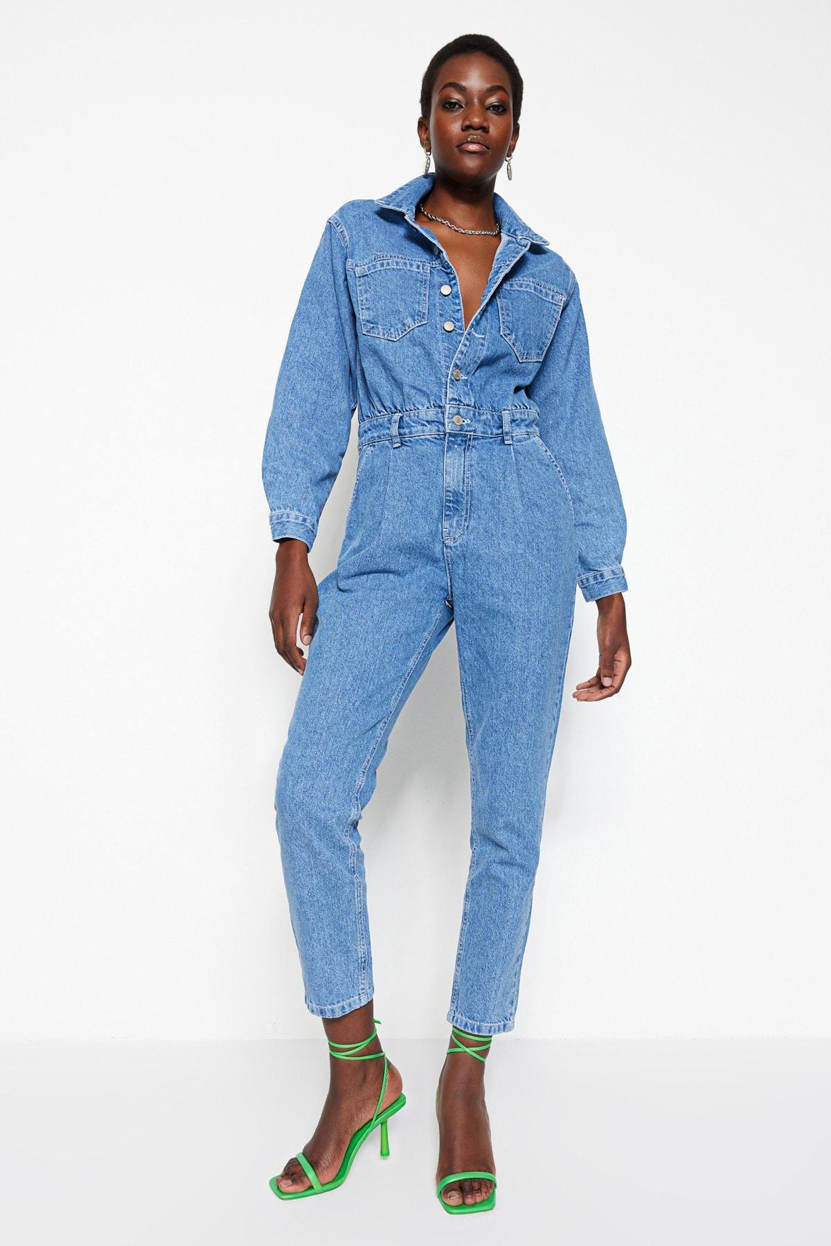 Trendyol - Blue Shirt Collar Jumpsuit