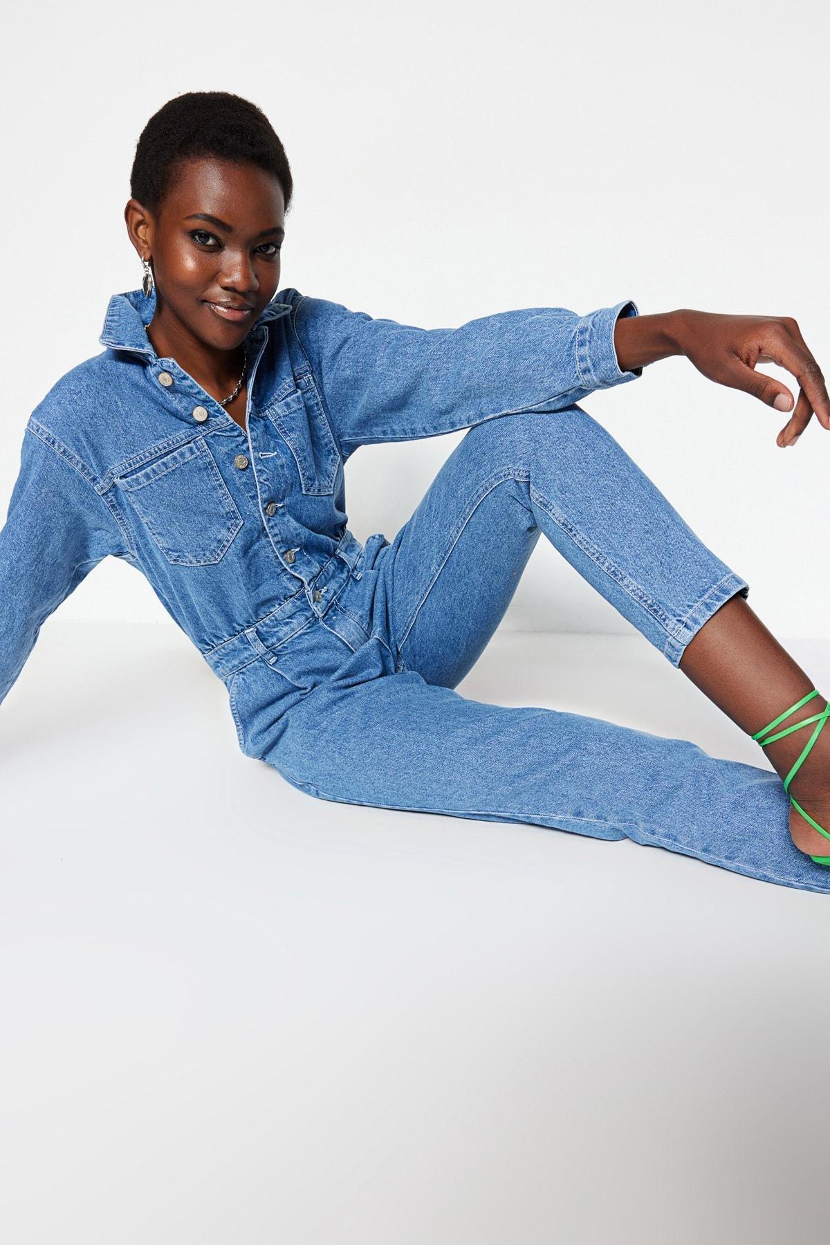 Blue Shirt Collar Jumpsuit, , large image number 2