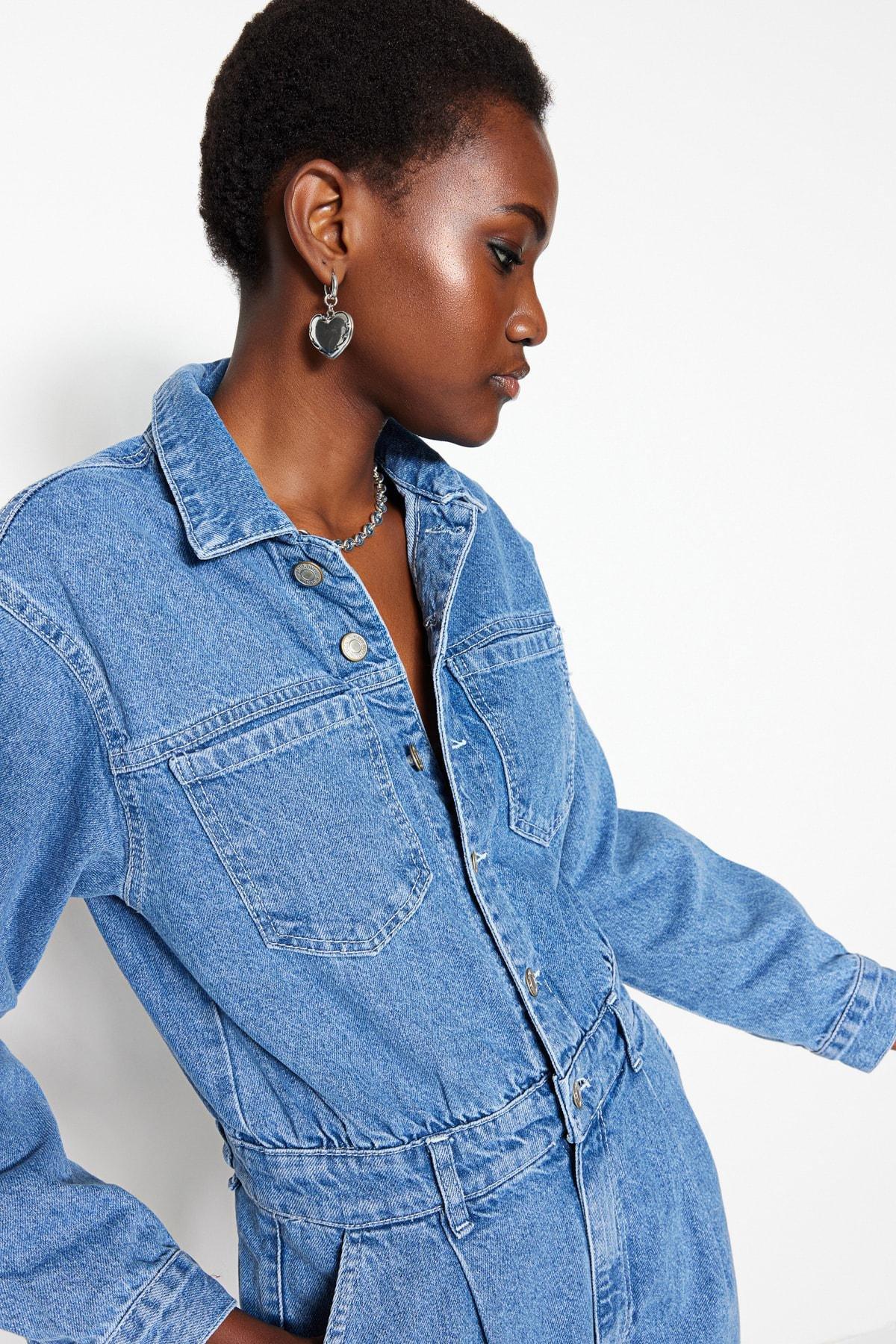 Blue Shirt Collar Jumpsuit, , large image number 3
