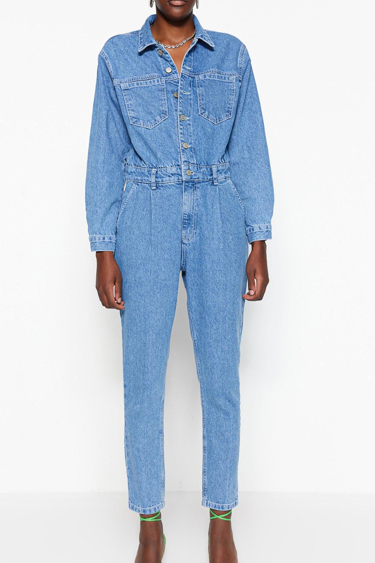 Trendyol - Blue Shirt Collar Jumpsuit