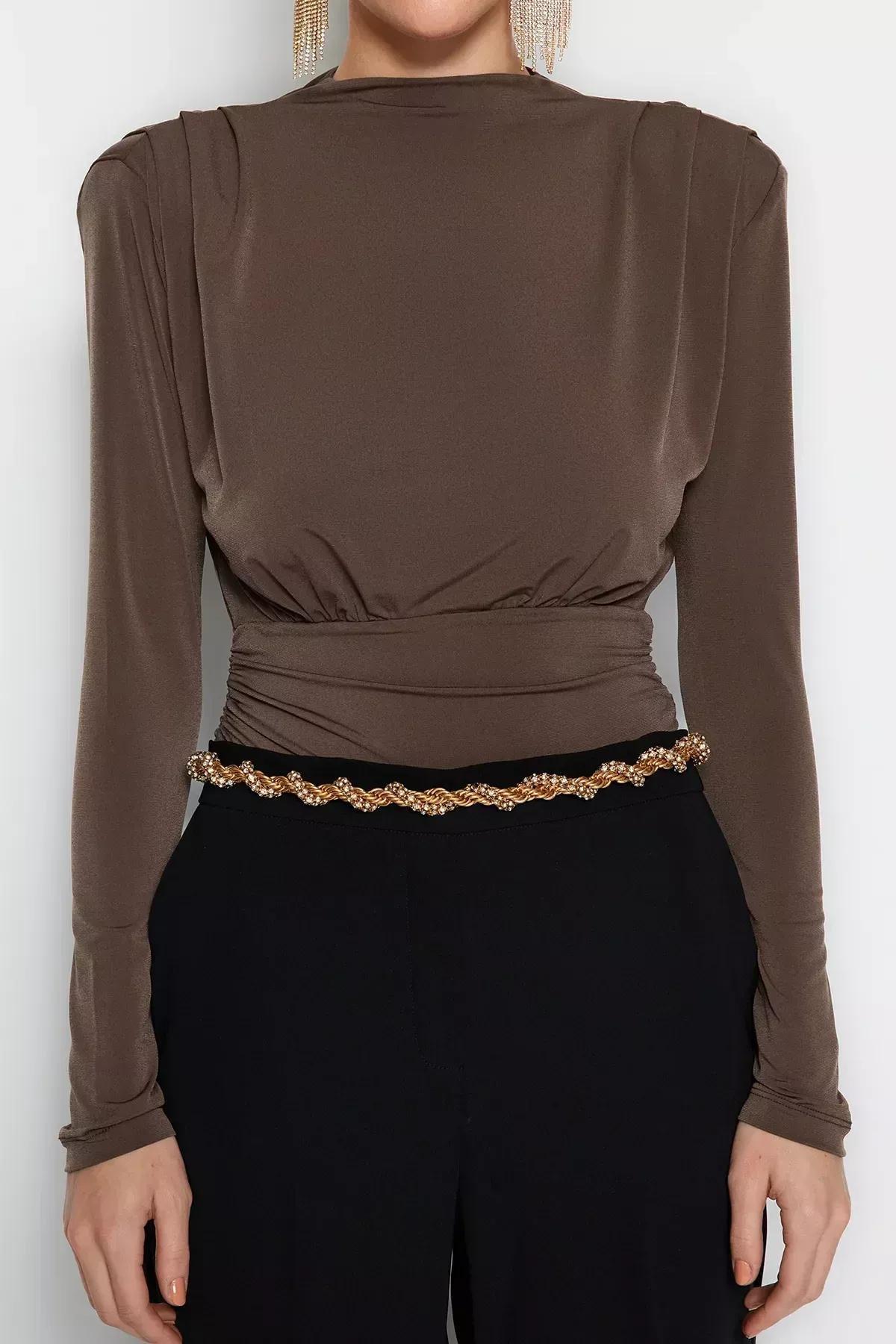 Brown Knitted Draped Body, Brown, large image number 2