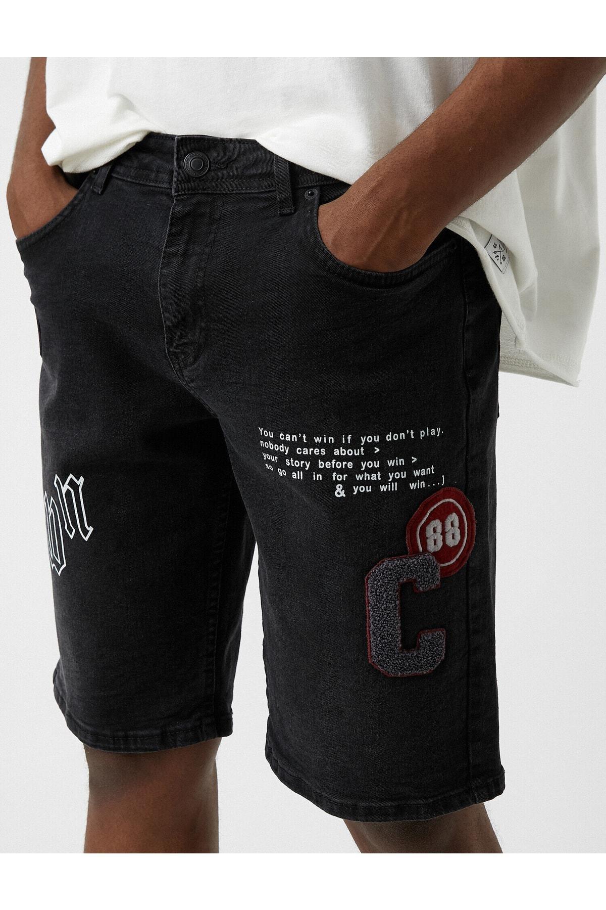 Koton - Black Towel Fabric Printed Denim Shorts