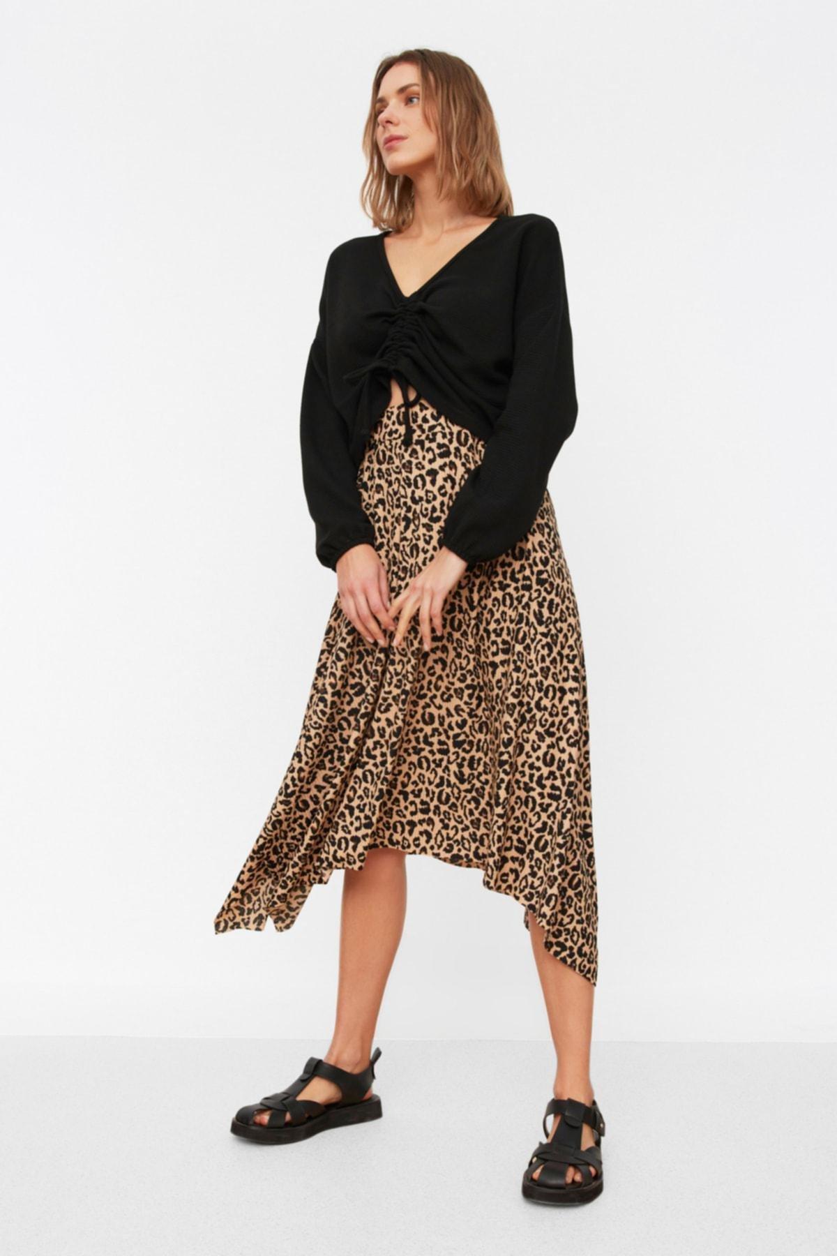 Brown Asymmetric Animal Print Midi Skirt, , large image number 0