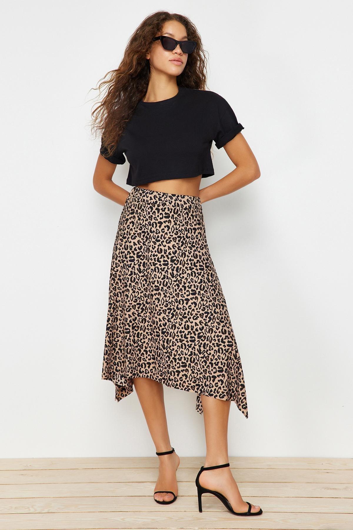 Brown Asymmetric Animal Print Midi Skirt, , large image number 1