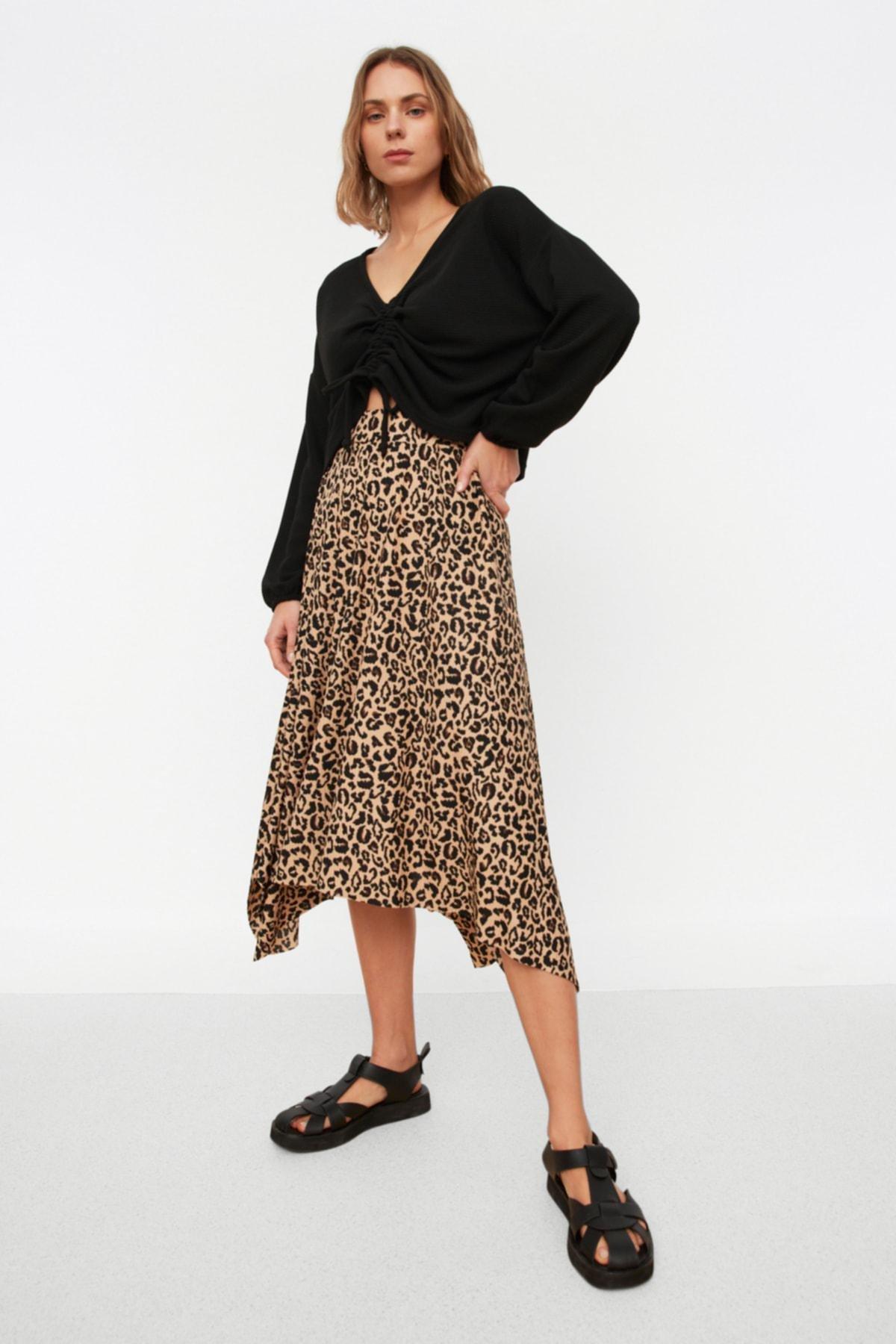 Brown Asymmetric Animal Print Midi Skirt, , large image number 2