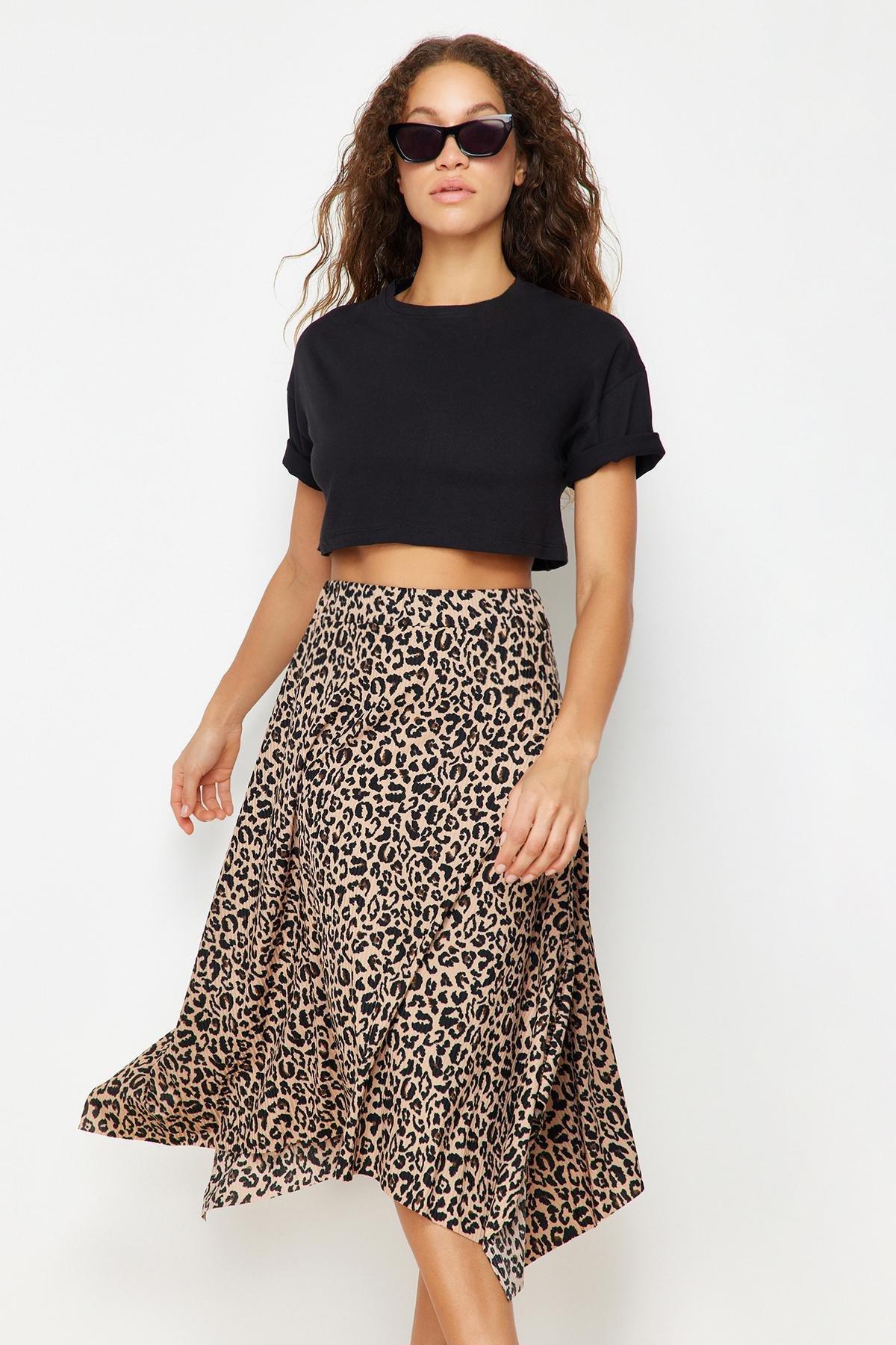 Brown Asymmetric Animal Print Midi Skirt, , large image number 3