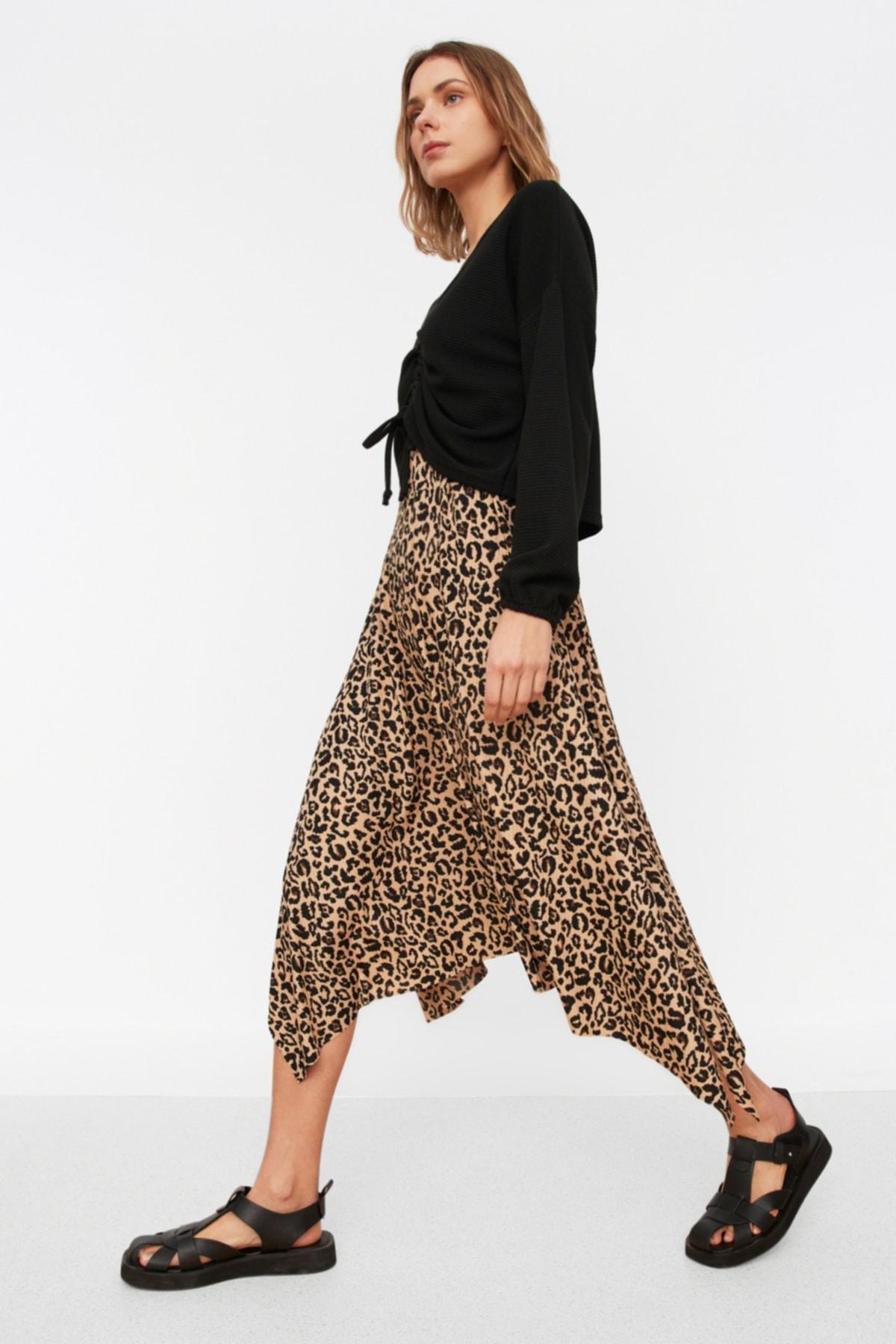 Brown Asymmetric Animal Print Midi Skirt, , large image number 4