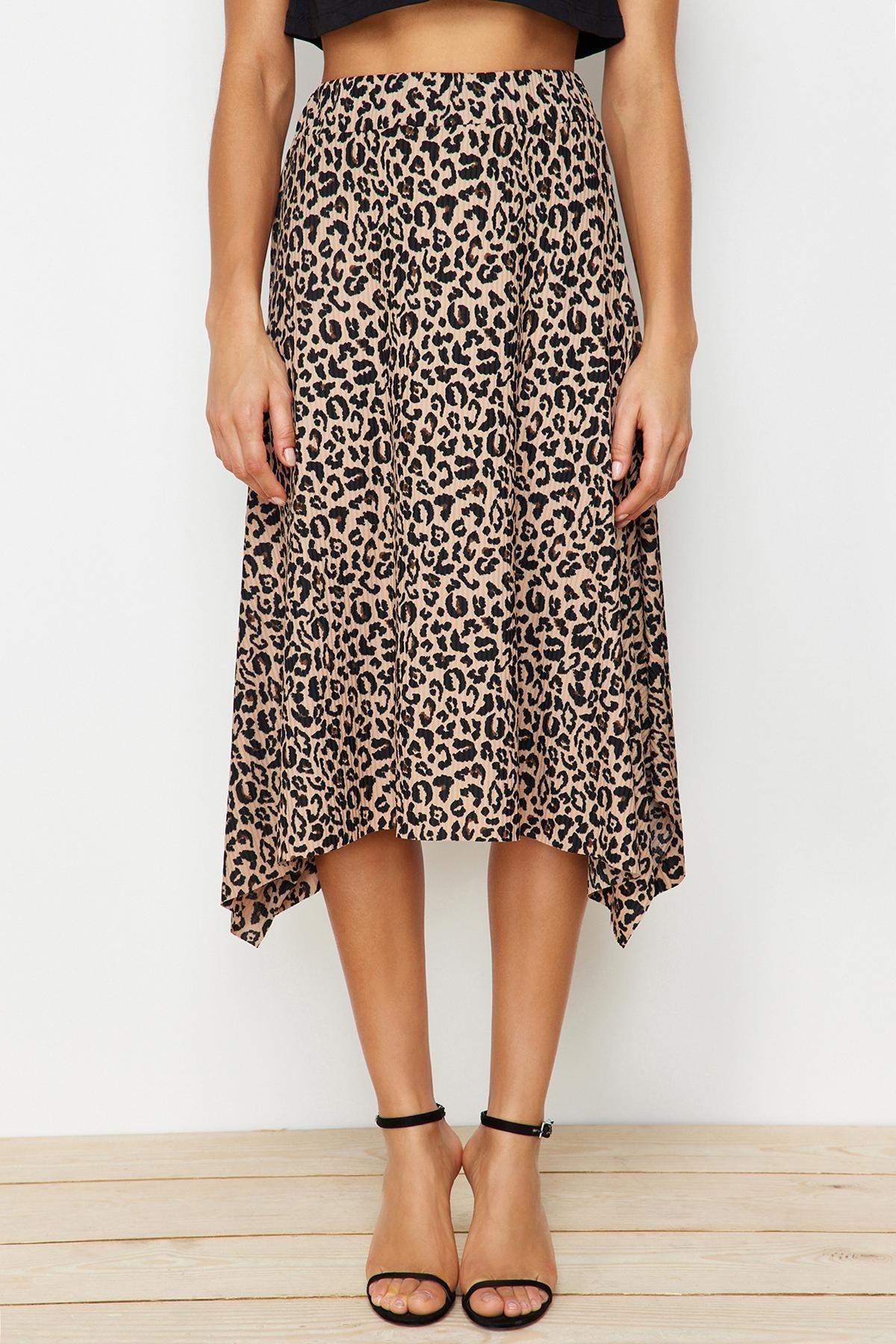 Brown Asymmetric Animal Print Midi Skirt, , large image number 6