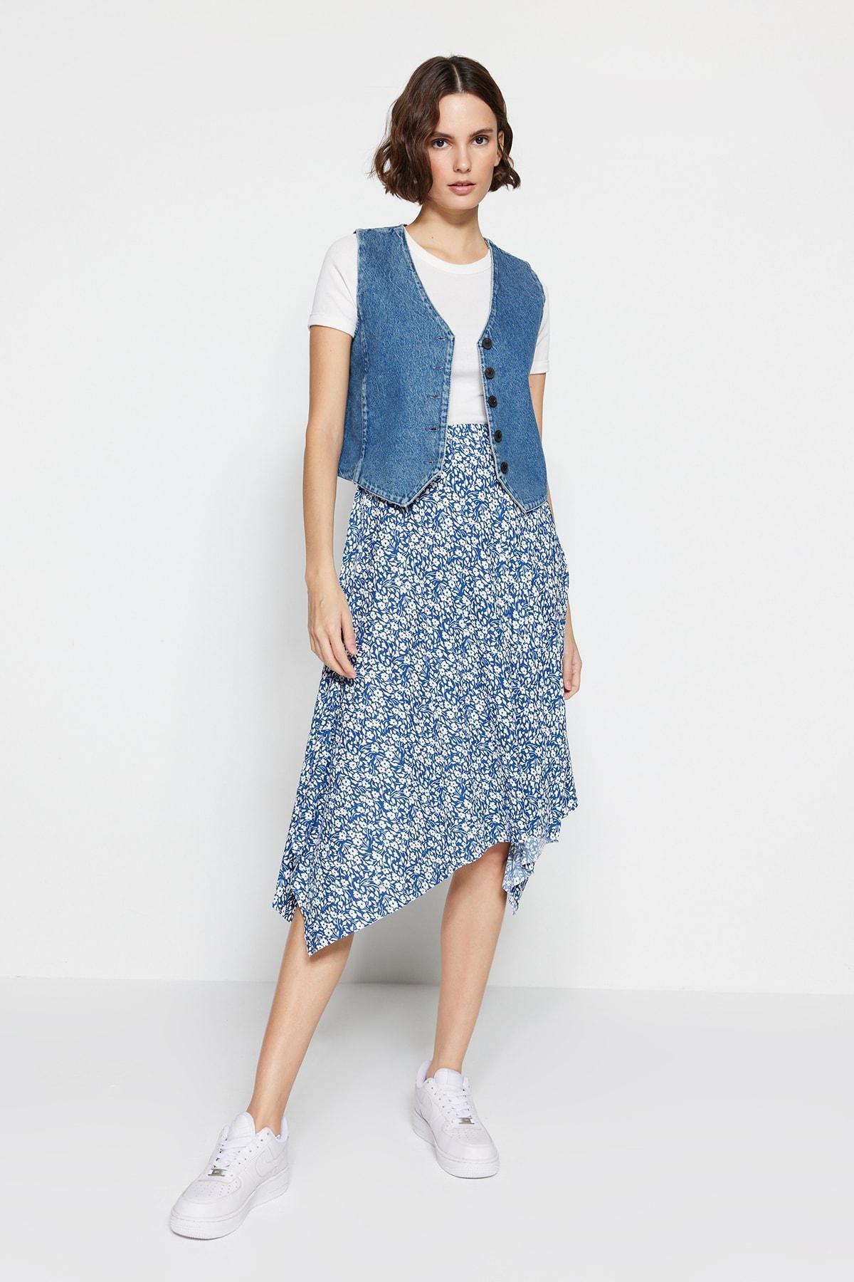Blue Asymmetric Animal Print Midi Skirt <br>, , large image number 0