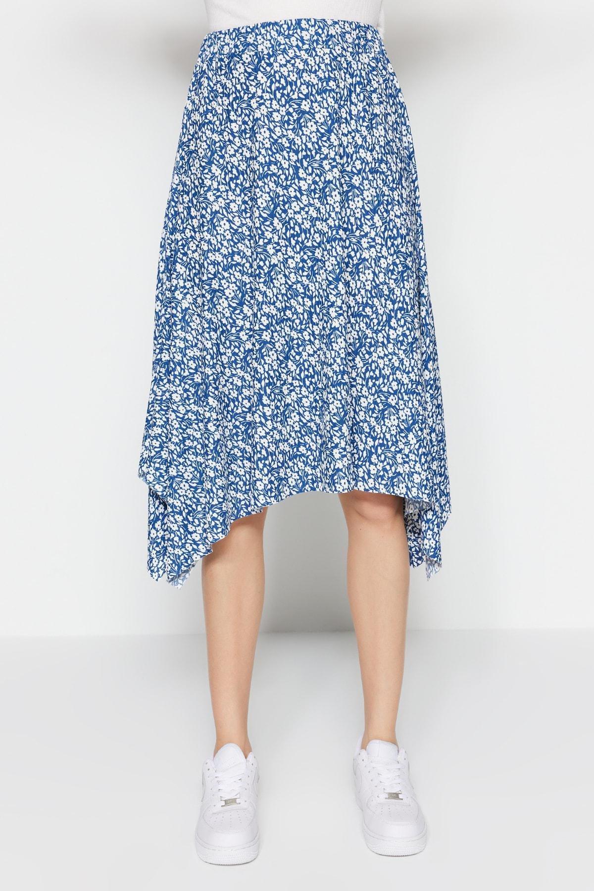 Blue Asymmetric Animal Print Midi Skirt <br>, , large image number 3