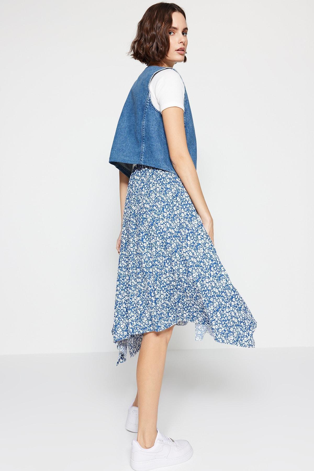 Blue Asymmetric Animal Print Midi Skirt <br>, , large image number 4