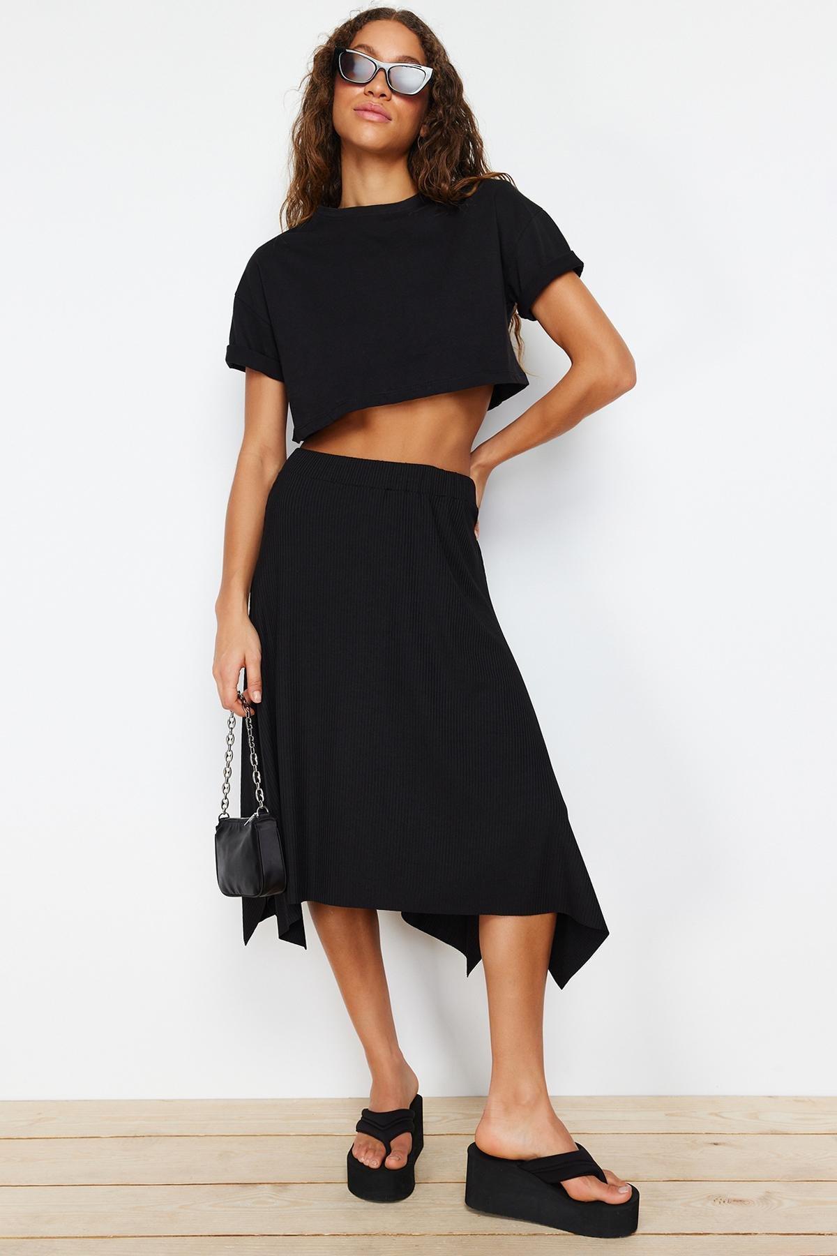 Black Asymmetric Animal Print Midi Skirt, , large image number 1