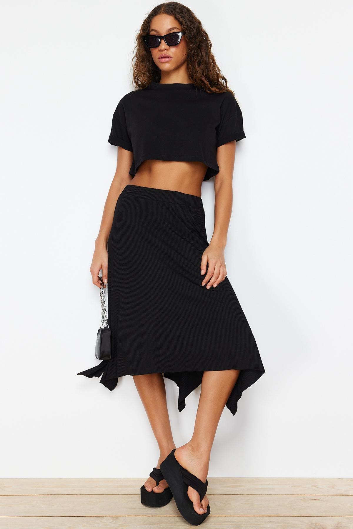Black Asymmetric Animal Print Midi Skirt, , large image number 3