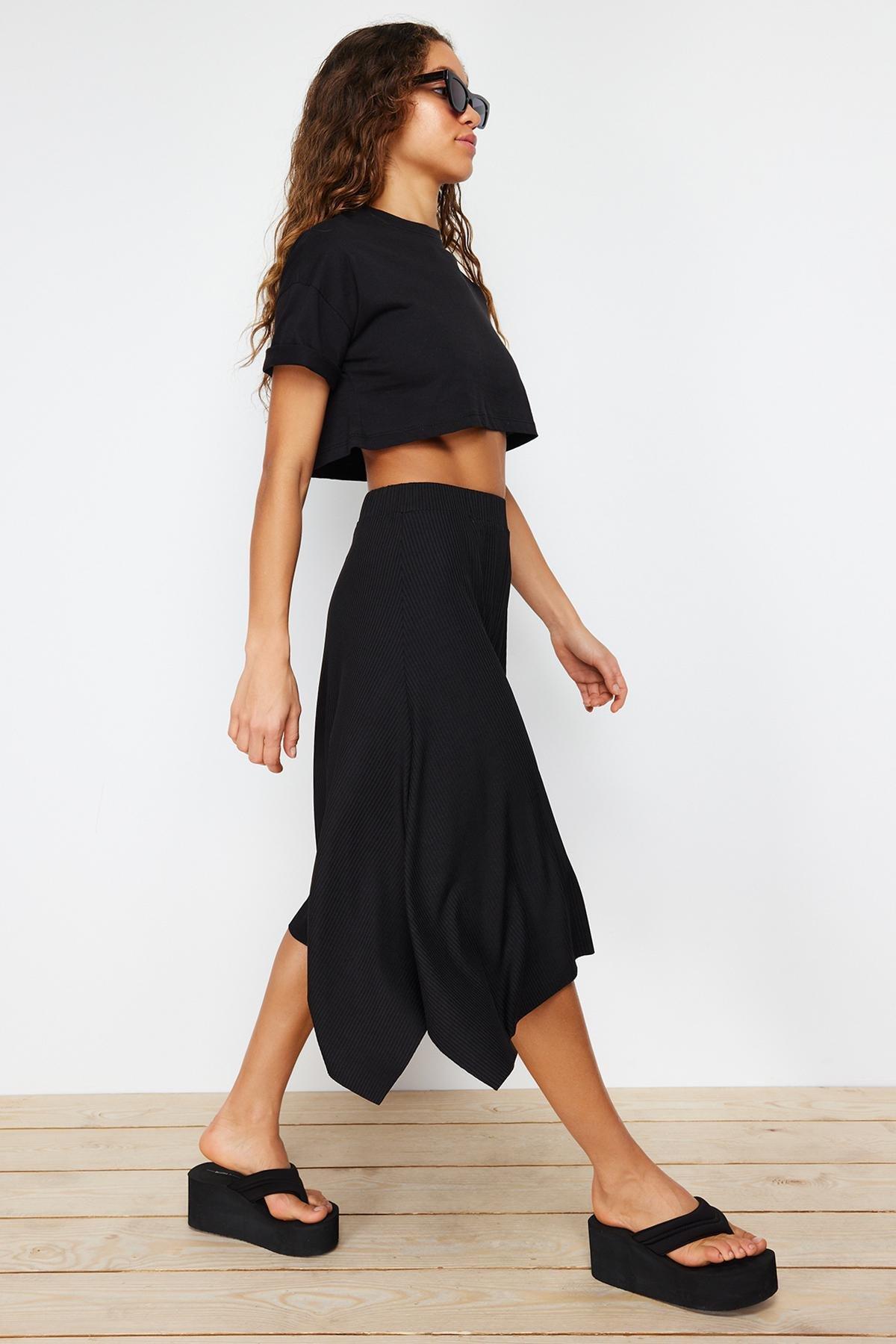 Black Asymmetric Animal Print Midi Skirt, , large image number 4