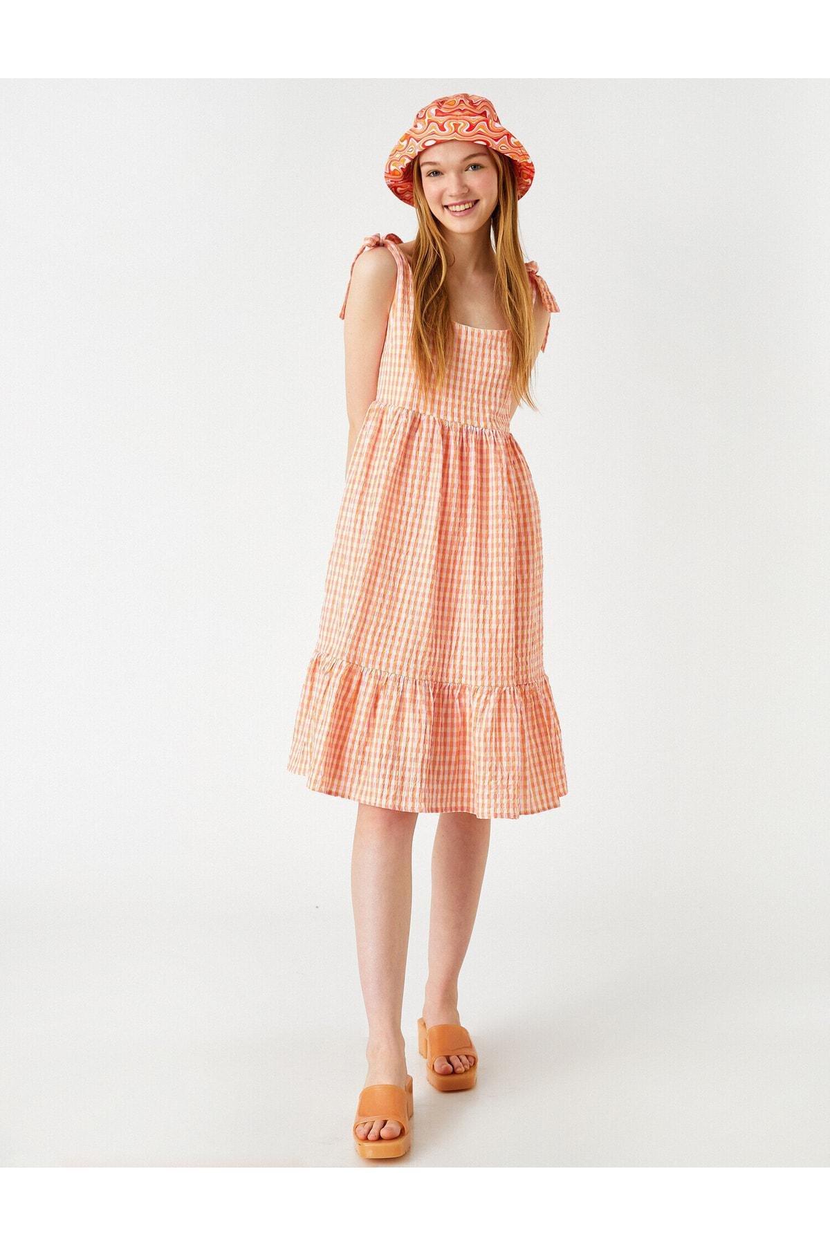 Koton - Orange Gingham Pattern Midi Dress