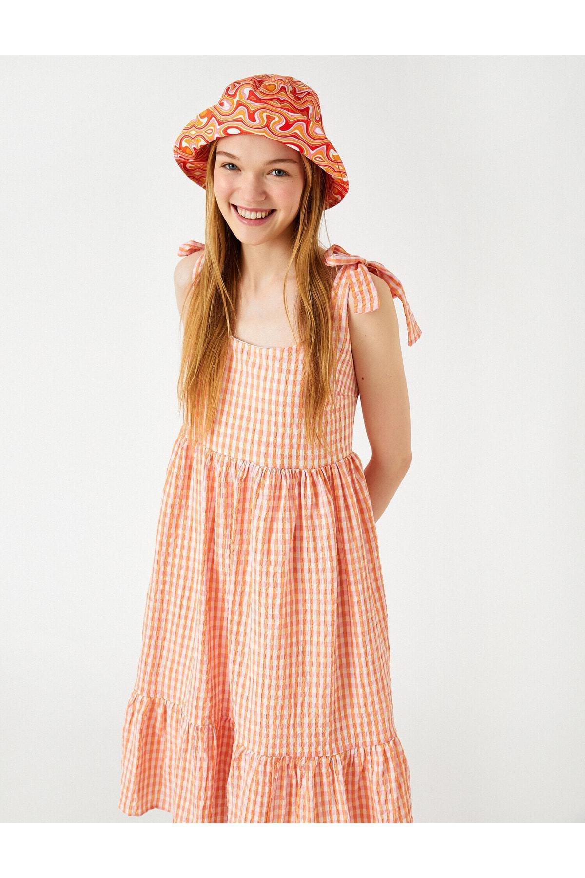 Koton - Orange Gingham Pattern Midi Dress