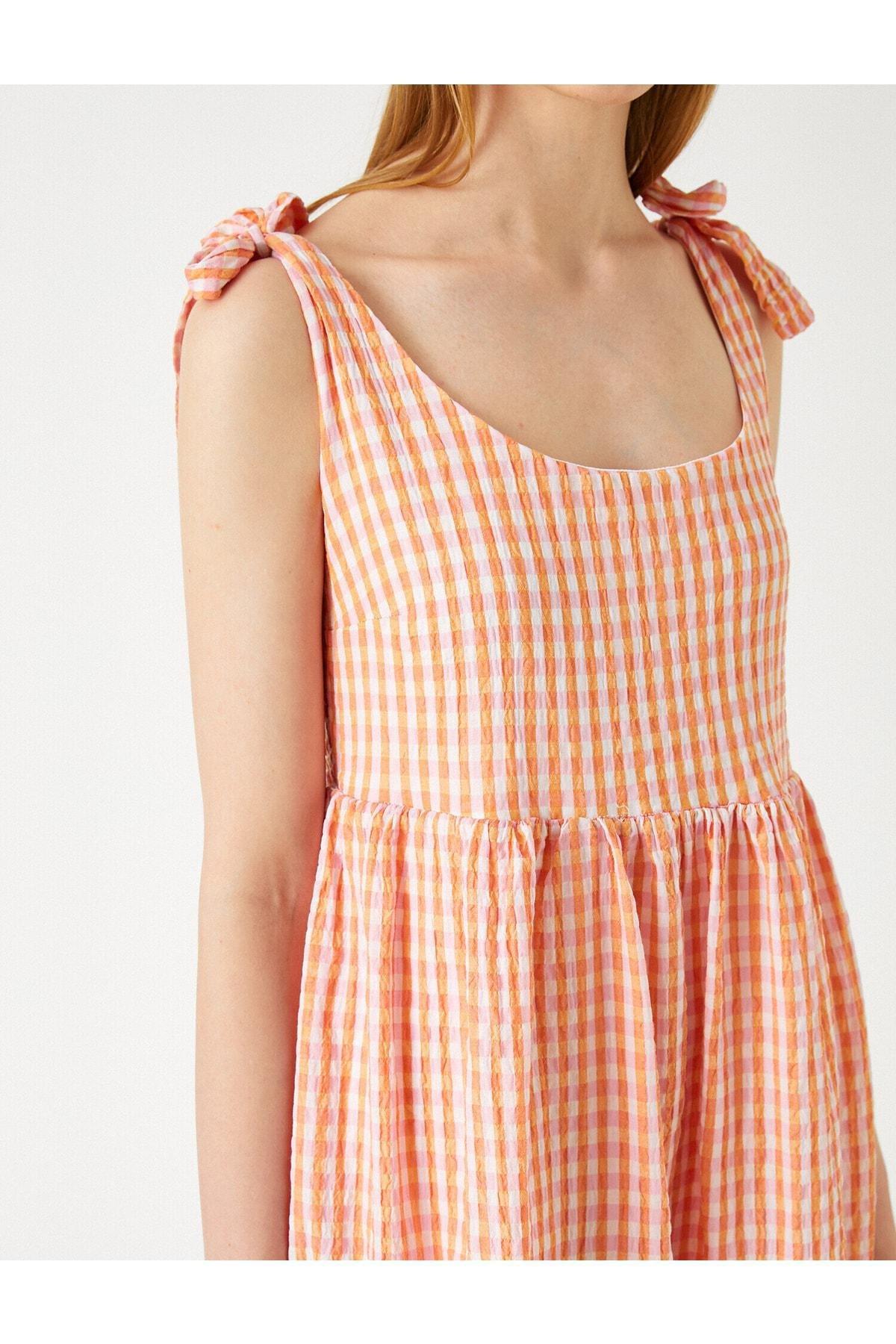 Koton - Orange Gingham Pattern Midi Dress