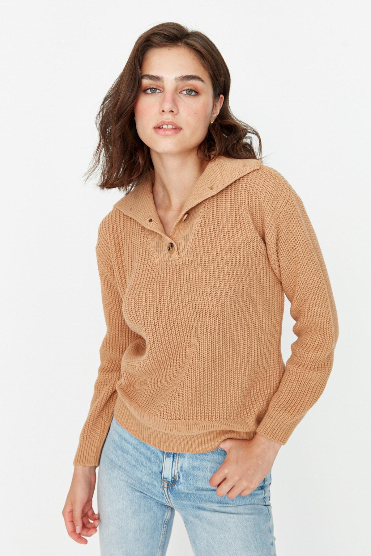 Brown Collar Detailed Knitwear Sweater, , large image number 0