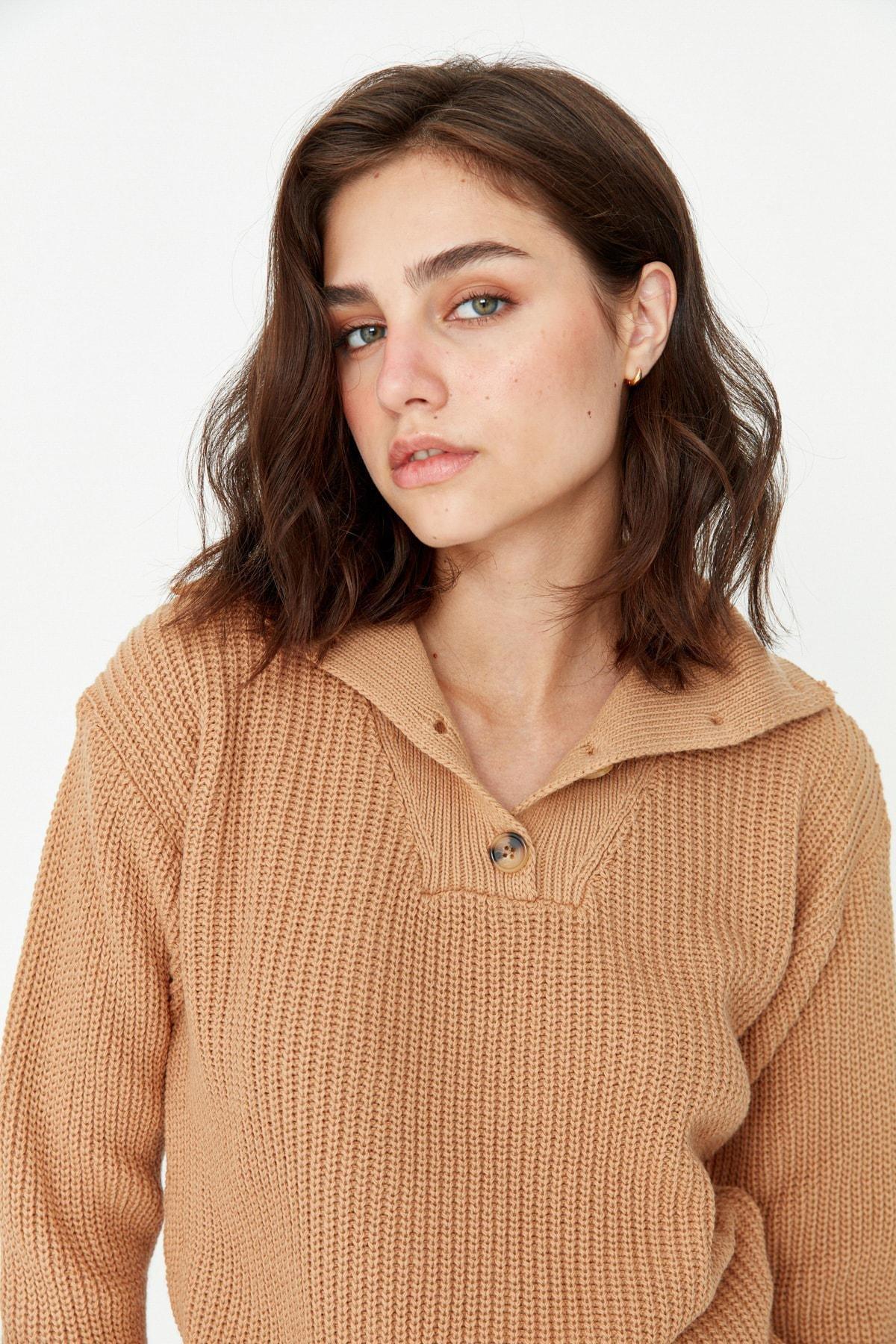 Brown Collar Detailed Knitwear Sweater, , large image number 1