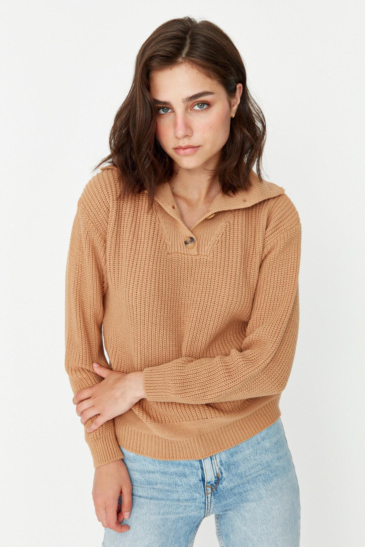 Brown Collar Detailed Knitwear Sweater, , large image number 2