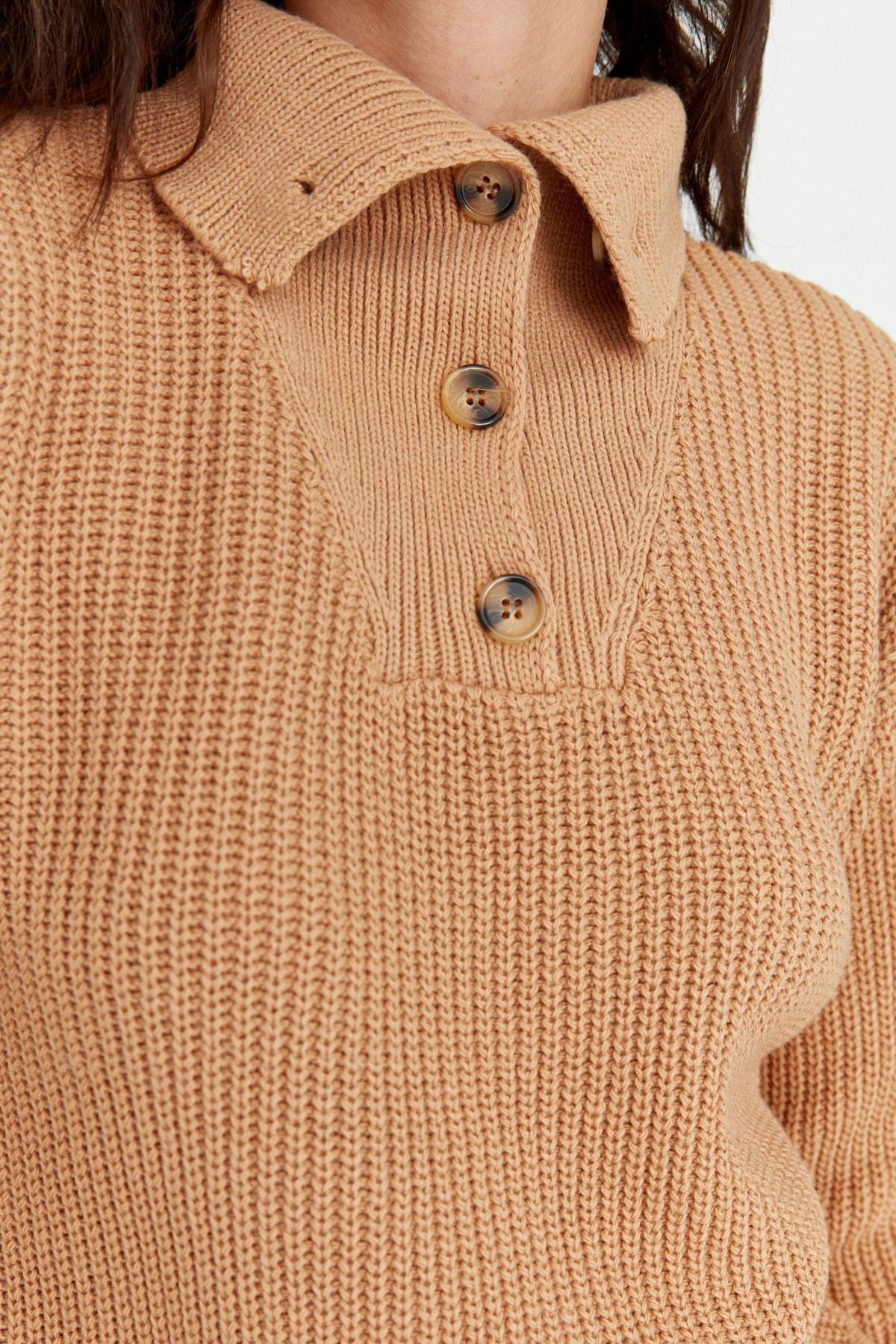 Brown Collar Detailed Knitwear Sweater, , large image number 3
