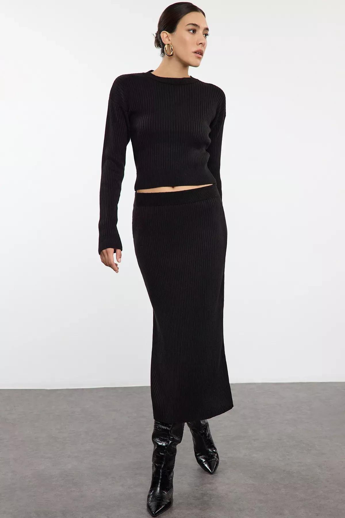 Black Crop Skirt Knitwear Bottom-Top Set TWOAW23AU00240, single, , large image number 1