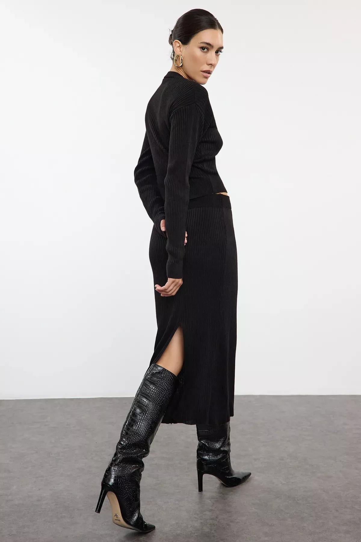 Black Crop Skirt Knitwear Bottom-Top Set TWOAW23AU00240, single, , large image number 4