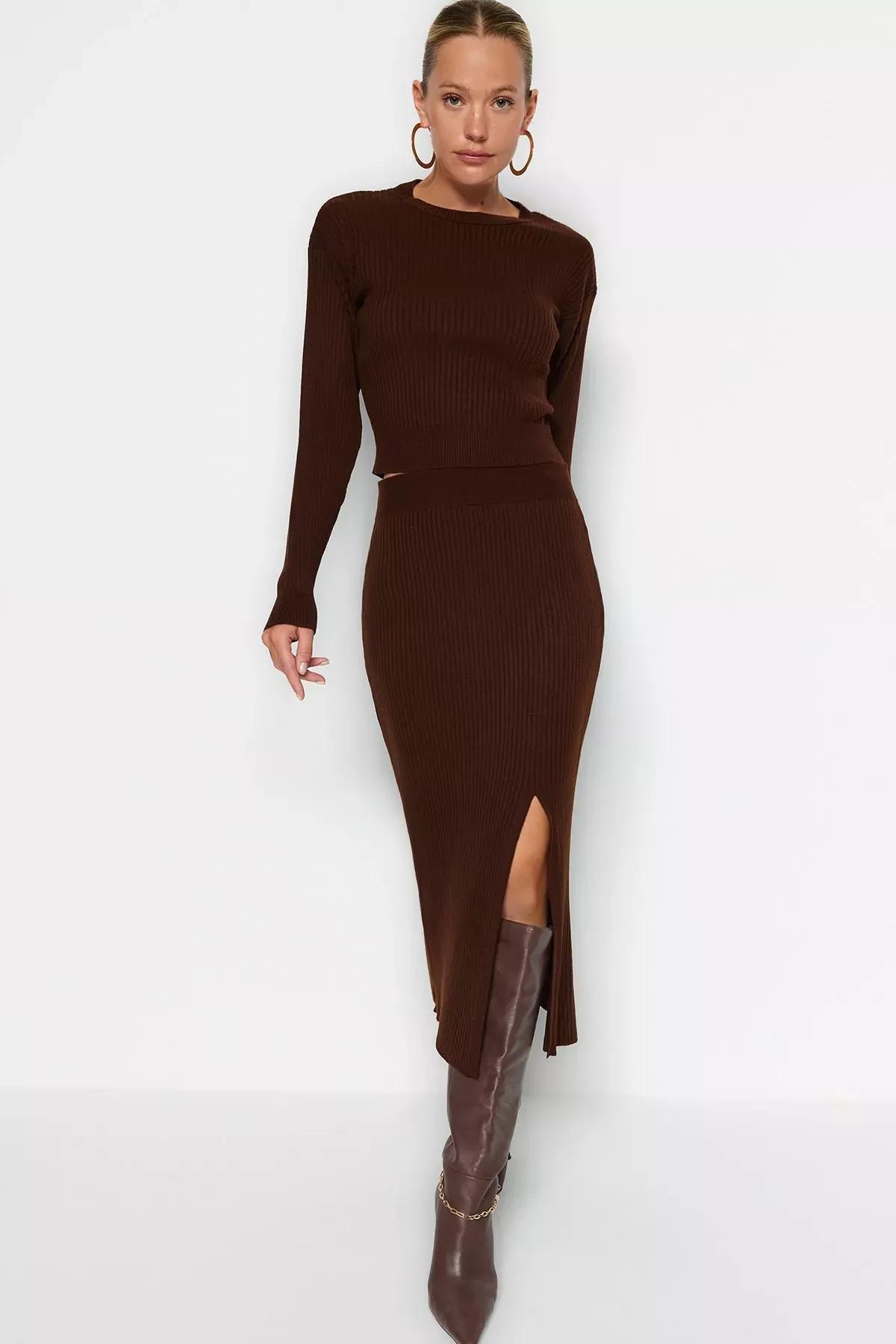 Brown A-Line Off-Shoulder Co-Ord Set, Brown, large image number 3