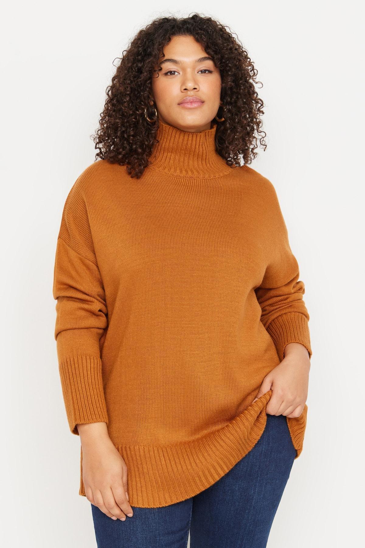 Orange High Neck Plus Size Sweater, , large image number 0