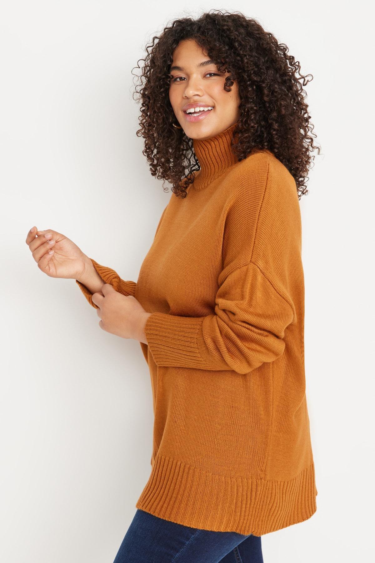 Orange High Neck Plus Size Sweater, , large image number 1