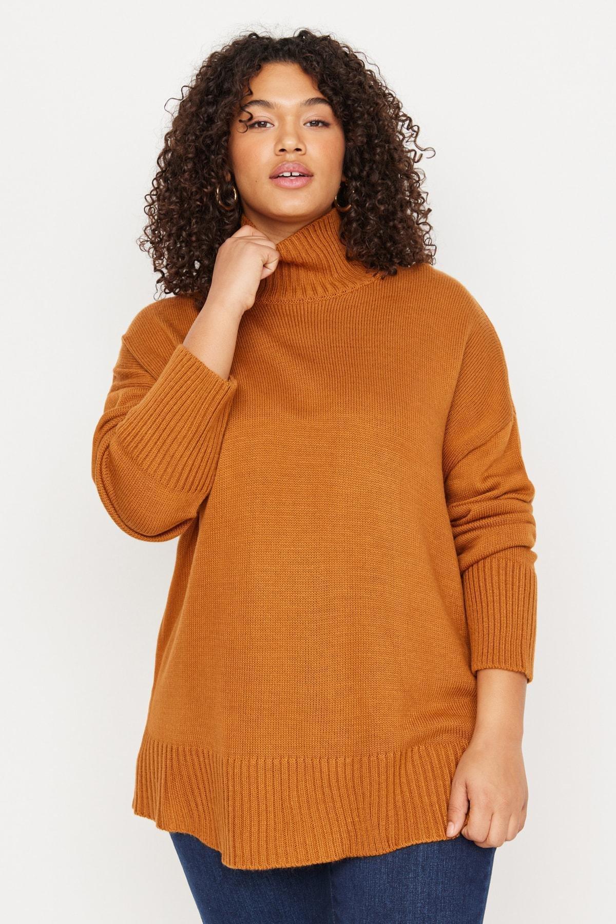 Orange High Neck Plus Size Sweater, , large image number 3