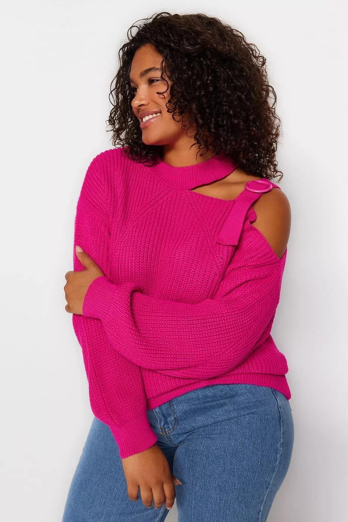 Pink Relaxed Plus Size Sweater, Fuchsia, large image number 0