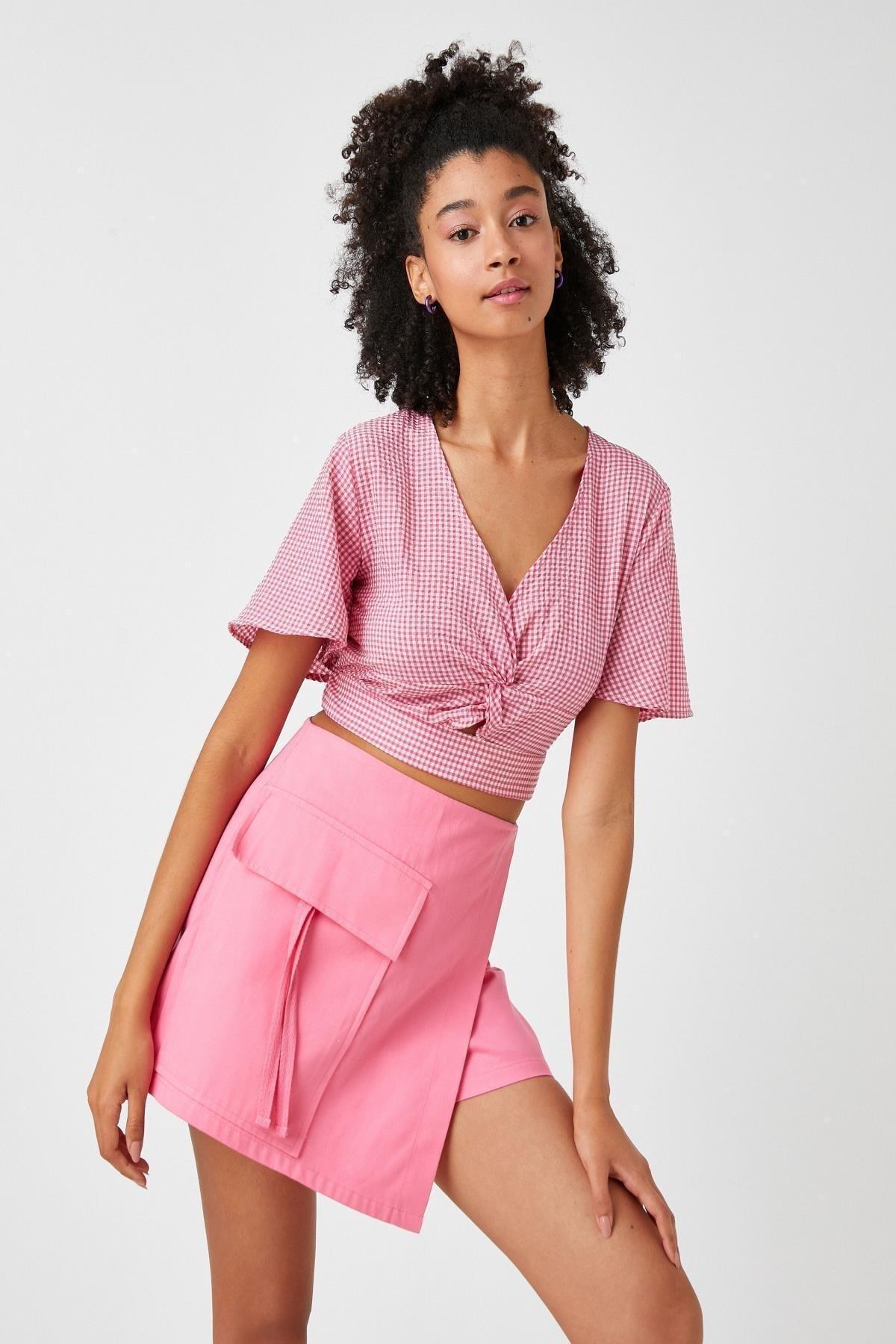 Koton - Pink Crop V-Neck Pattern Blouse