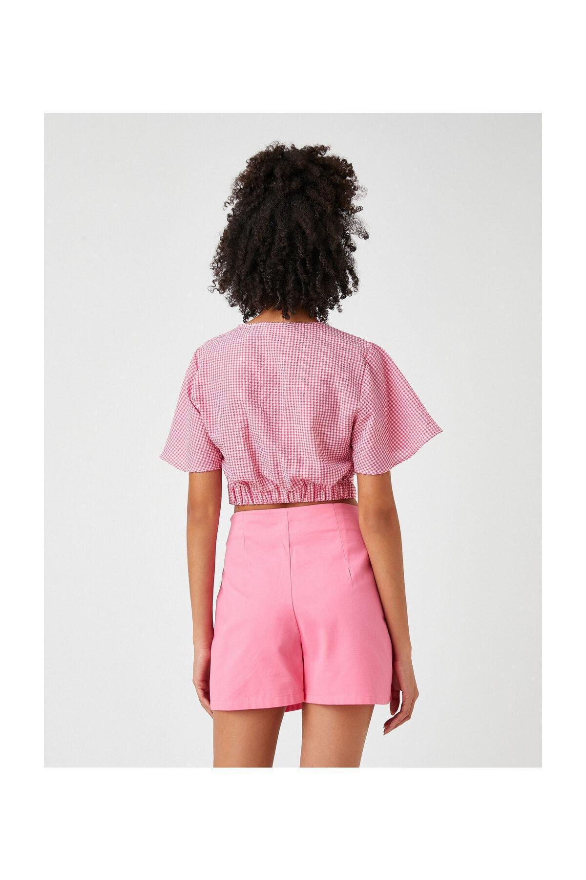 Koton - Pink Crop V-Neck Pattern Blouse