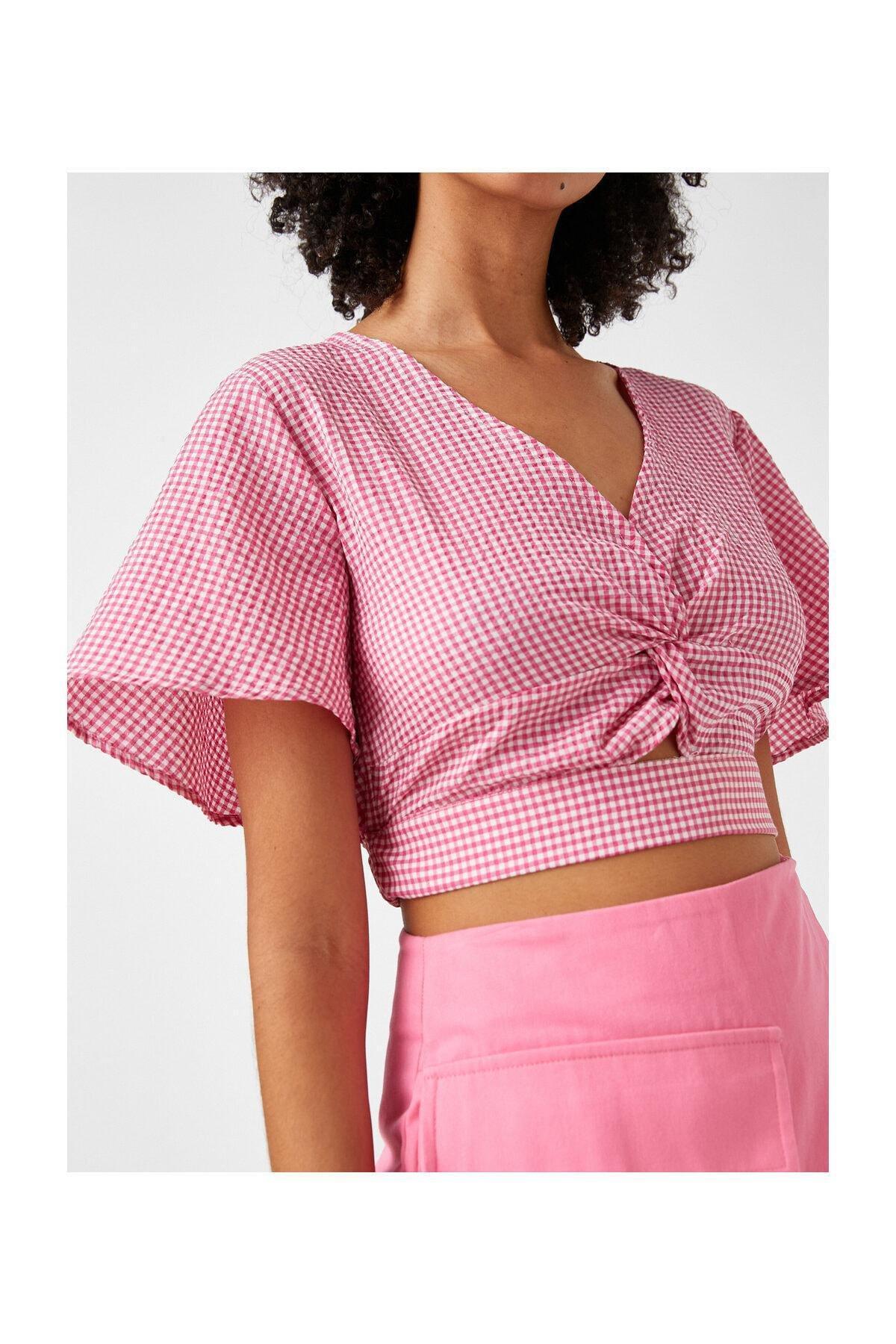 Koton - Pink Crop V-Neck Pattern Blouse