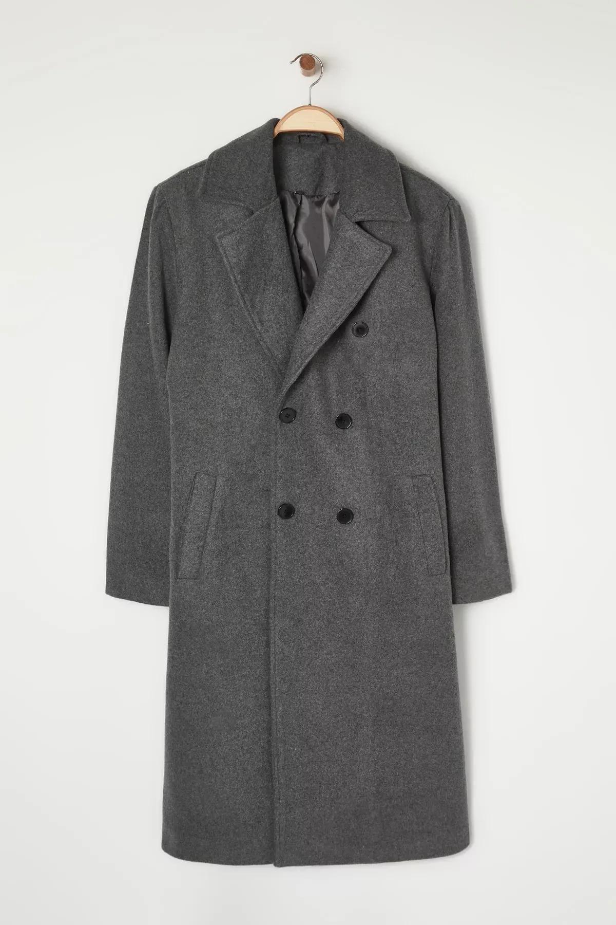 Grey Double Breasted Long Cashmere Coat, , large image number 0