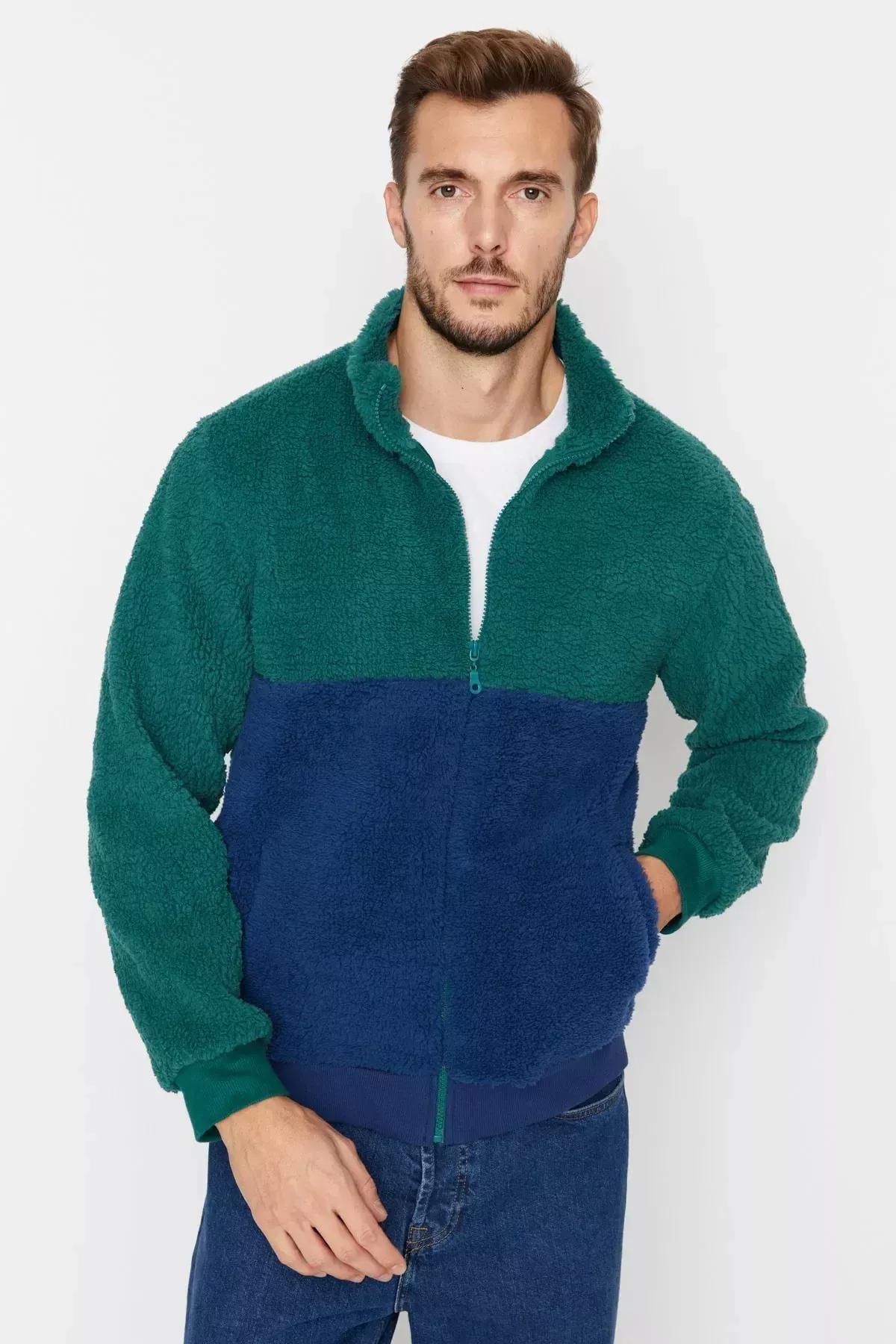 Green Zippered Collared Sweatshirt, Green, large image number 0