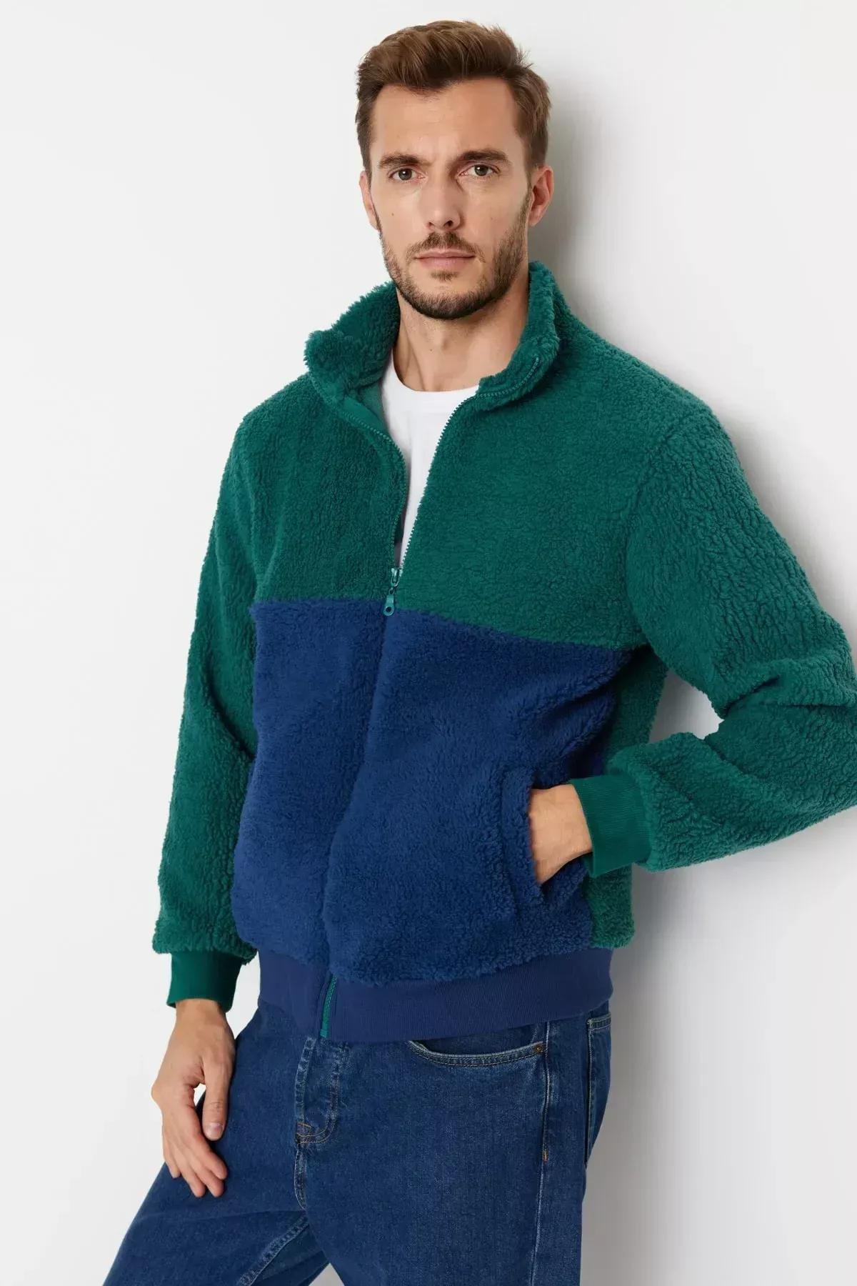 Green Zippered Collared Sweatshirt, Green, large image number 1