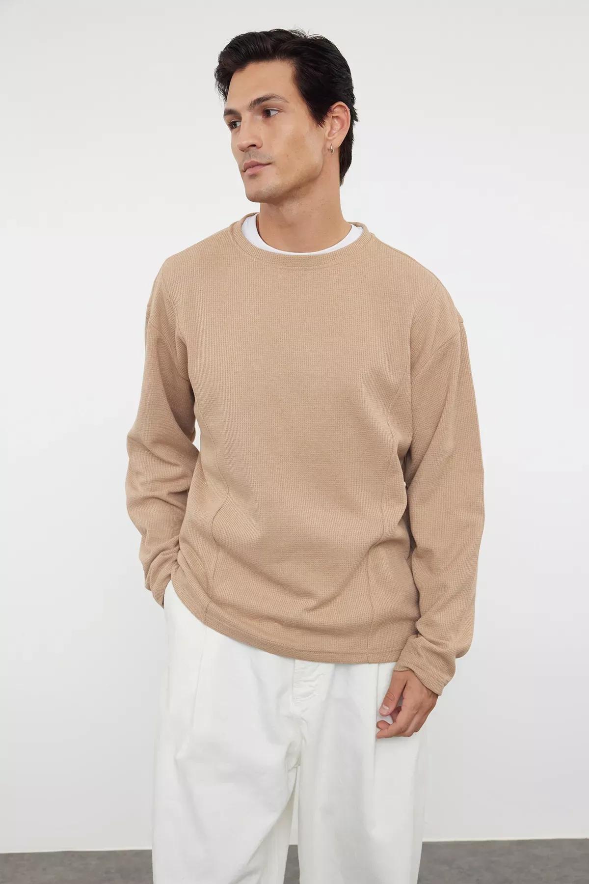 Brown Long Crew Neck T-Shirt, , large image number 0
