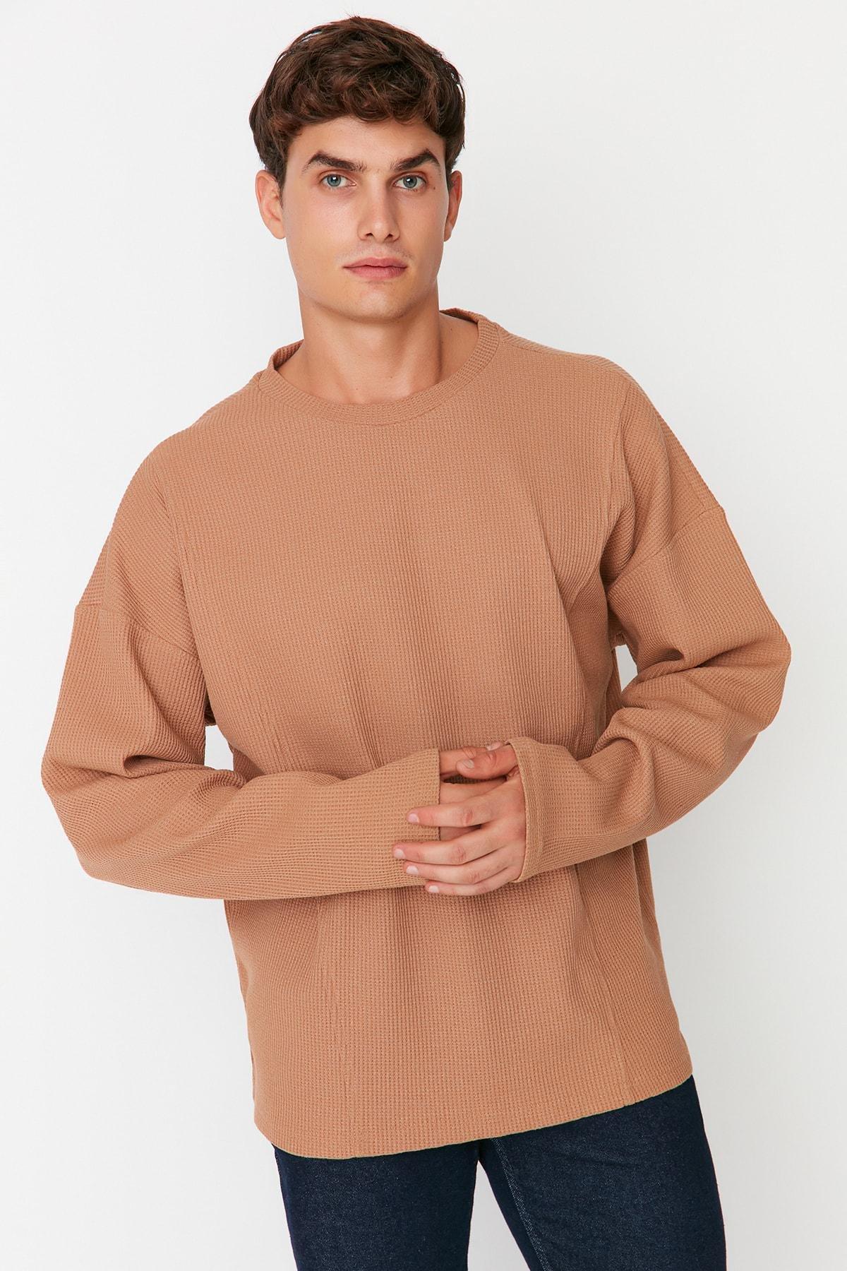 Brown Long Crew Neck T-Shirt, , medium